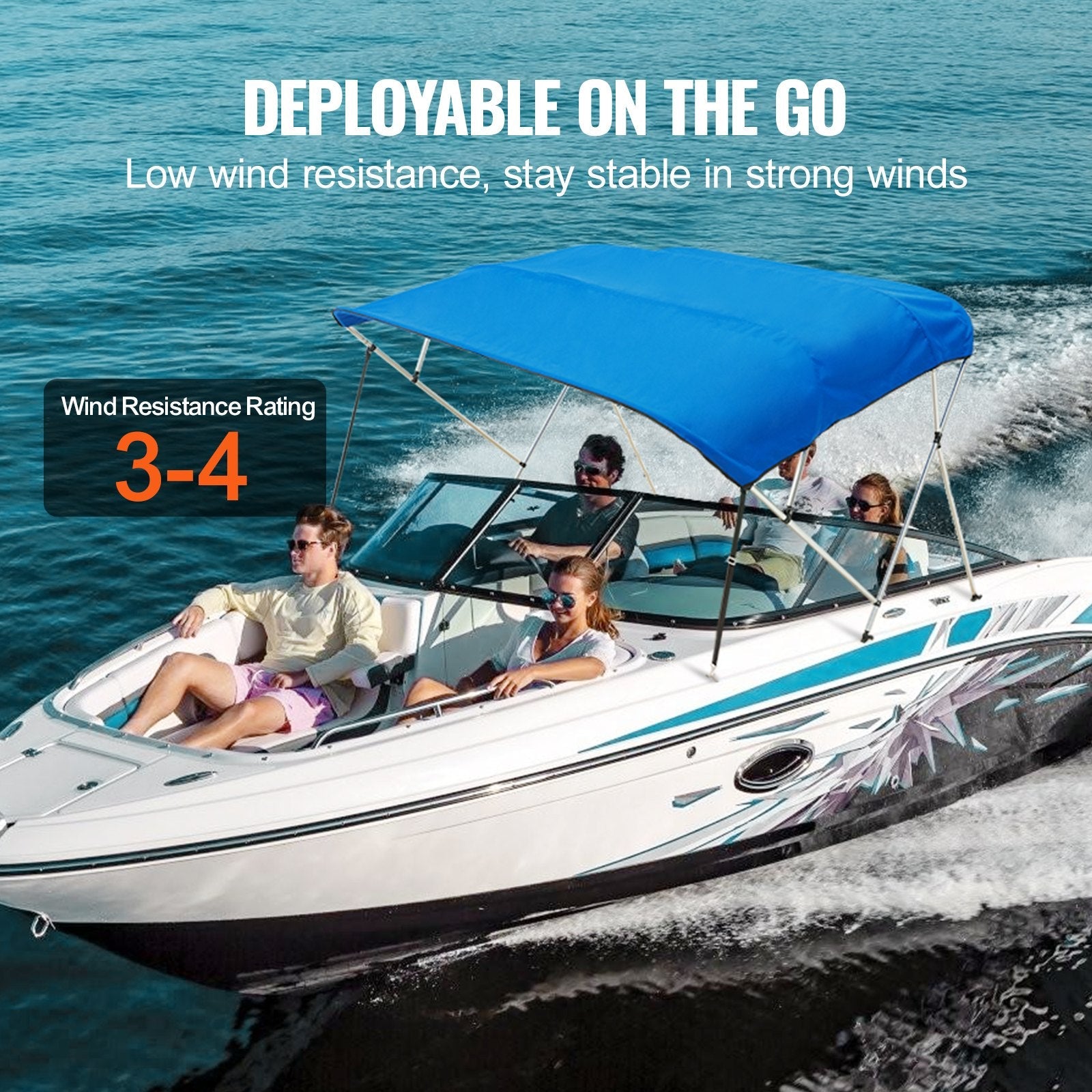 VEVOR 4 Bow Bimini Top Boat Cover, 900D Polyester Canopy with 1" Aluminum Alloy Frame, Waterproof and Sun Shade, Includes Storage Boot, 2 Support Poles, 4 Straps, 8'L x 54"H x 91"-96"W, Pacific Blue 