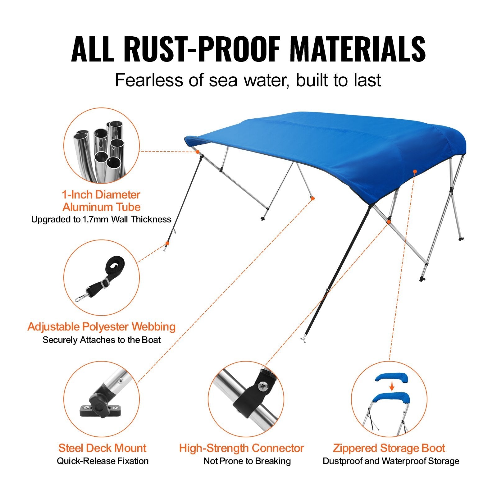 VEVOR 4 Bow Bimini Top Boat Cover, 900D Polyester Canopy with 1" Aluminum Alloy Frame, Waterproof and Sun Shade, Includes Storage Boot, 2 Support Poles, 4 Straps, 8'L x 54"H x 91"-96"W, Pacific Blue 