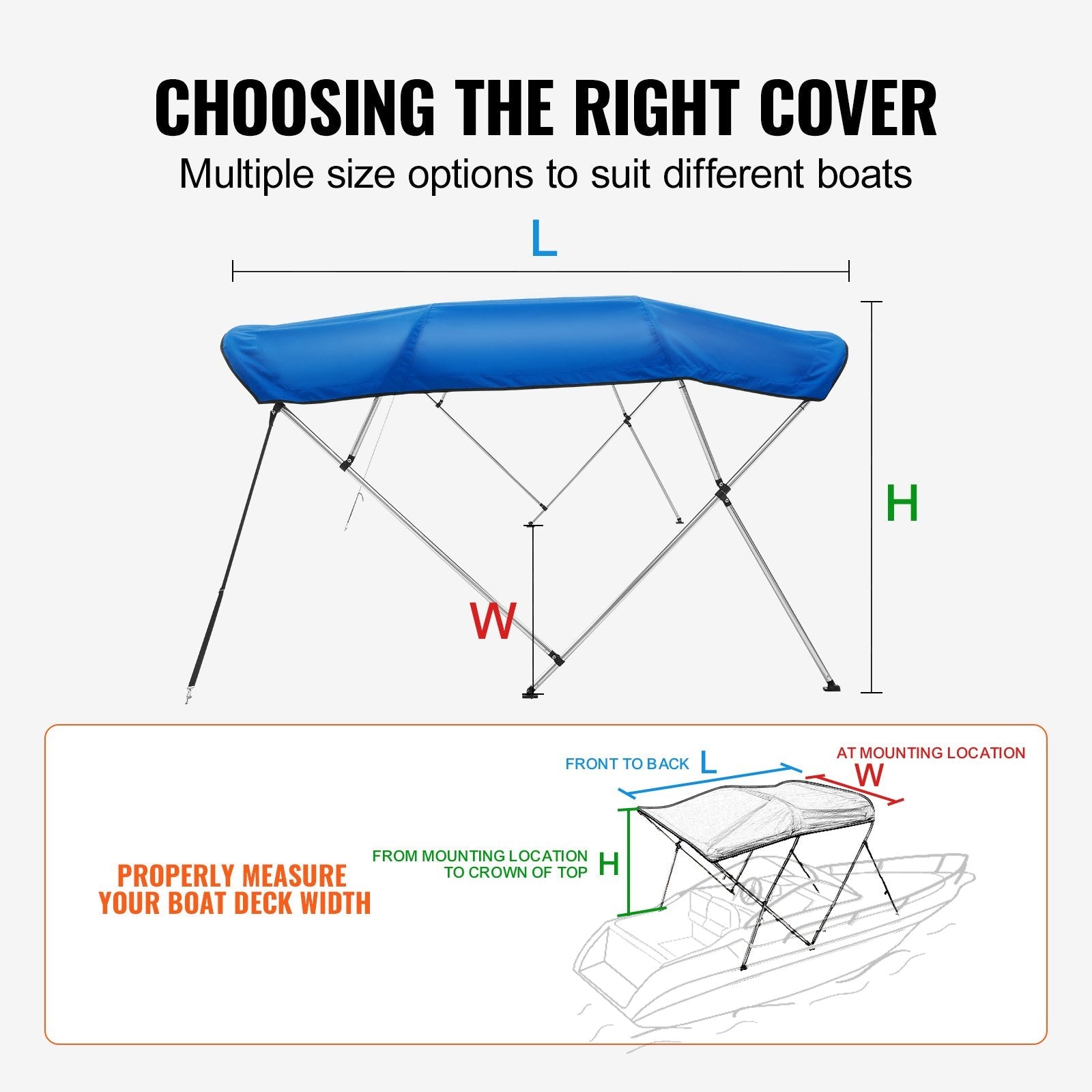 VEVOR 4 Bow Bimini Top Boat Cover, 900D Polyester Canopy with 1" Aluminum Alloy Frame, Waterproof and Sun Shade, Includes Storage Boot, 2 Support Poles, 4 Straps, 8'L x 54"H x 91"-96"W, Pacific Blue 