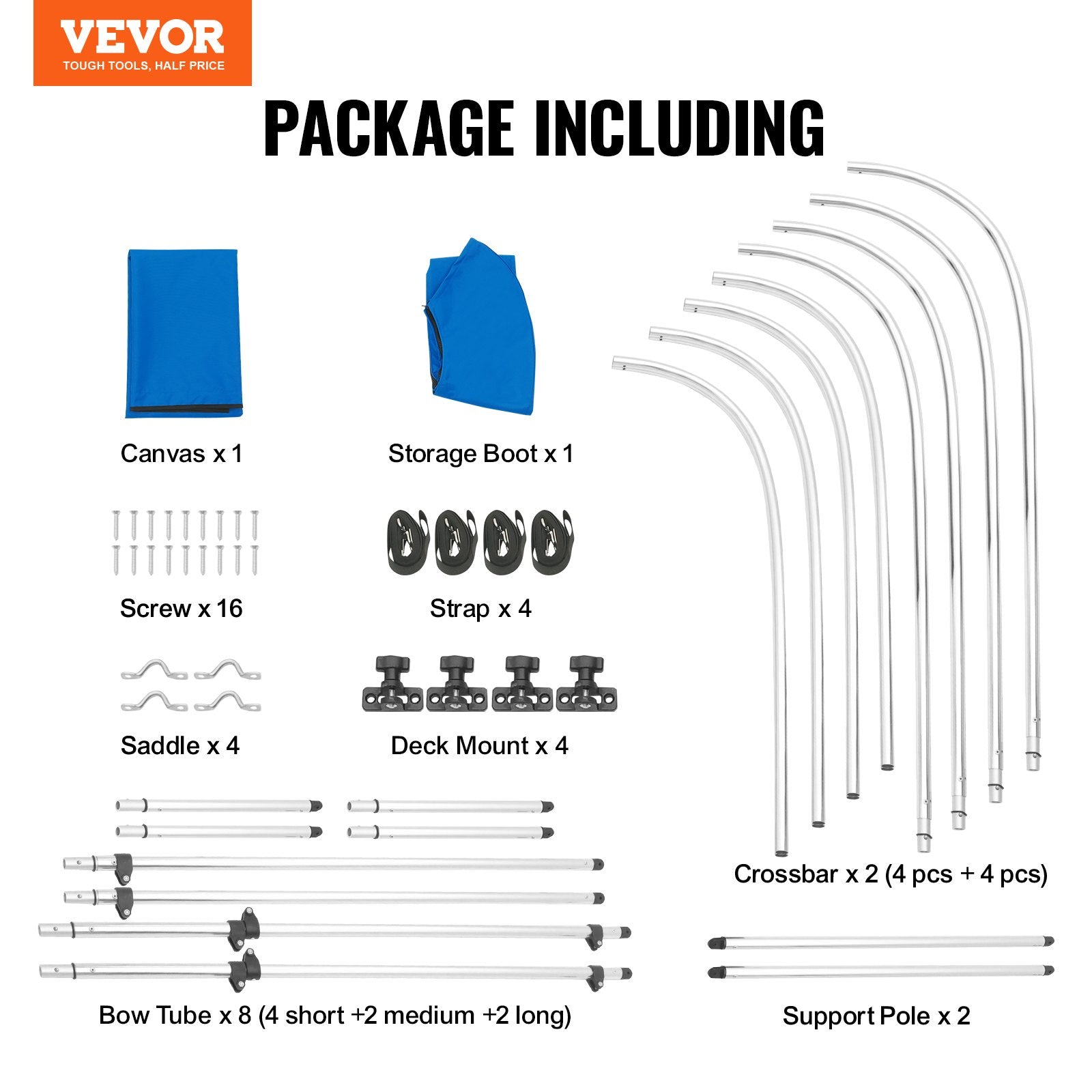 VEVOR 4 Bow Bimini Top Boat Cover, 900D Polyester Canopy with 1" Aluminum Alloy Frame, Waterproof and Sun Shade, Includes Storage Boot, 2 Support Poles, 4 Straps, 8'L x 54"H x 91"-96"W, Pacific Blue 