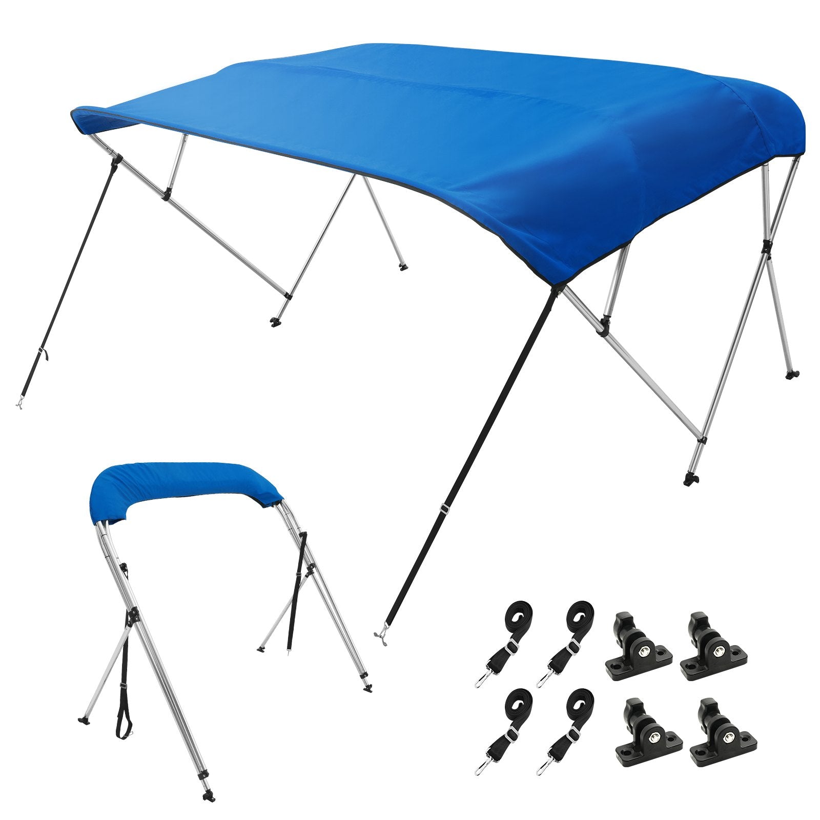 VEVOR 4 Bow Bimini Top Boat Cover, 900D Polyester Canopy with 1" Aluminum Alloy Frame, Waterproof and Sun Shade, Includes Storage Boot, 2 Support Poles, 4 Straps, 8'L x 54"H x 91"-96"W, Pacific Blue 