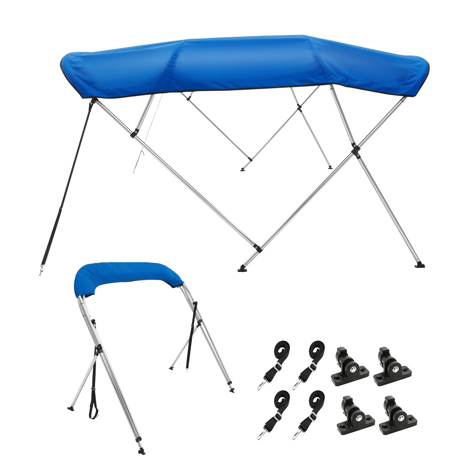 VEVOR 4 Bow Bimini Top Boat Cover, 900D Polyester Canopy with 1" Aluminum Alloy Frame, Waterproof and Sun Shade, Includes Storage Boot, 2 Support Poles, 4 Straps, 8'L x 54"H x 91"-96"W, Pacific Blue 