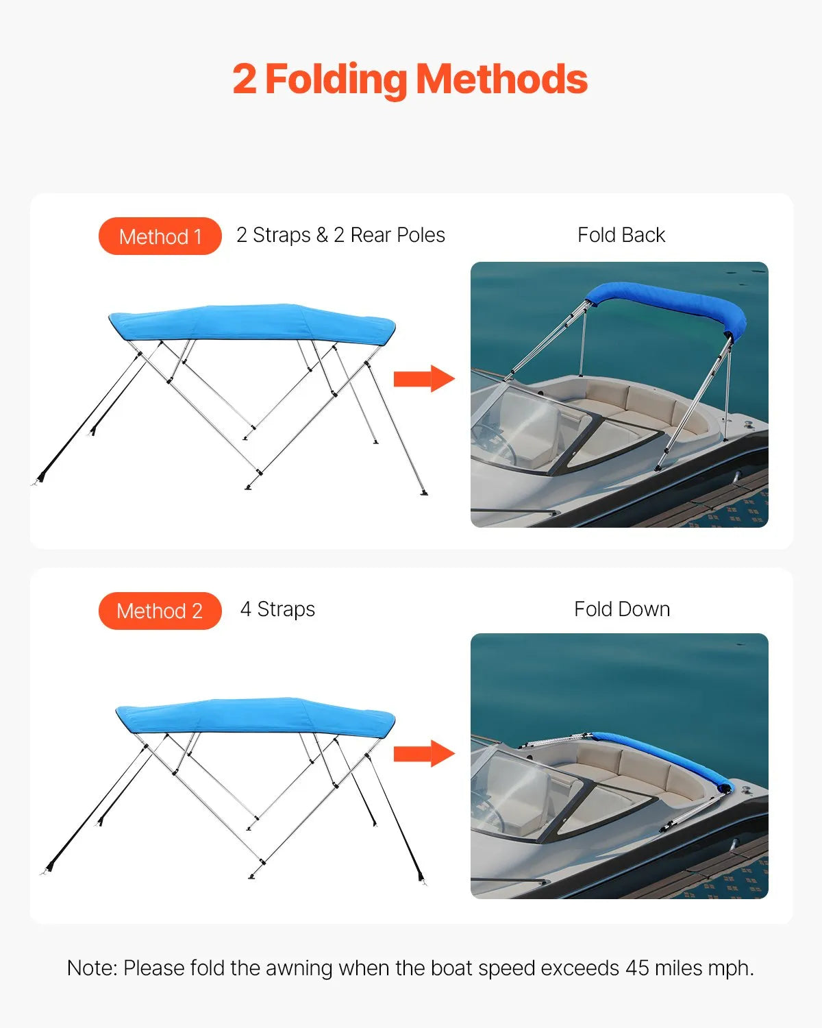 4 Bow Boat Bimini Top 96" L x 85"-90" W x 54" H, 600D Waterproof Canopy with Aluminum Frame, Pacific Blue