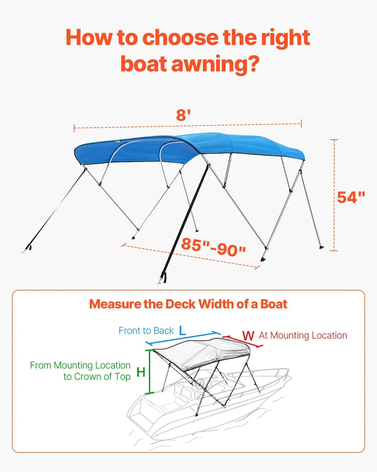 4 Bow Boat Bimini Top 96" L x 85"-90" W x 54" H, 600D Waterproof Canopy with Aluminum Frame, Pacific Blue
