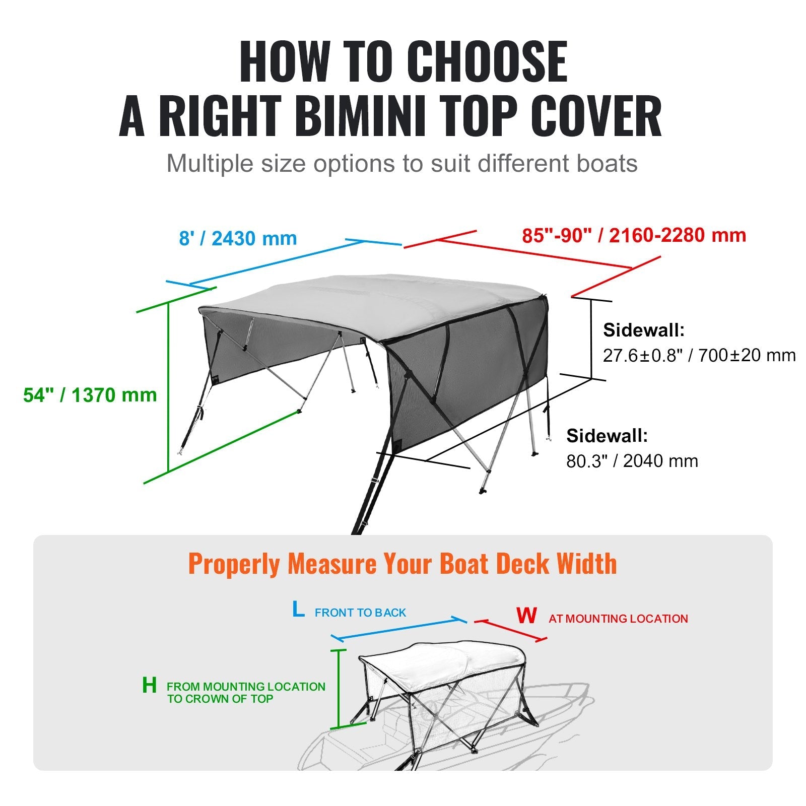 VEVOR 4 Bow Bimini Top Boat Cover, Detachable Mesh Sidewalls, 600D Polyester Canopy with 1" Aluminum Alloy Frame, Includes Storage Boot, 2 Support Poles, 2 Straps, 8'L x 54"H x 85"-90"W, Light Grey 