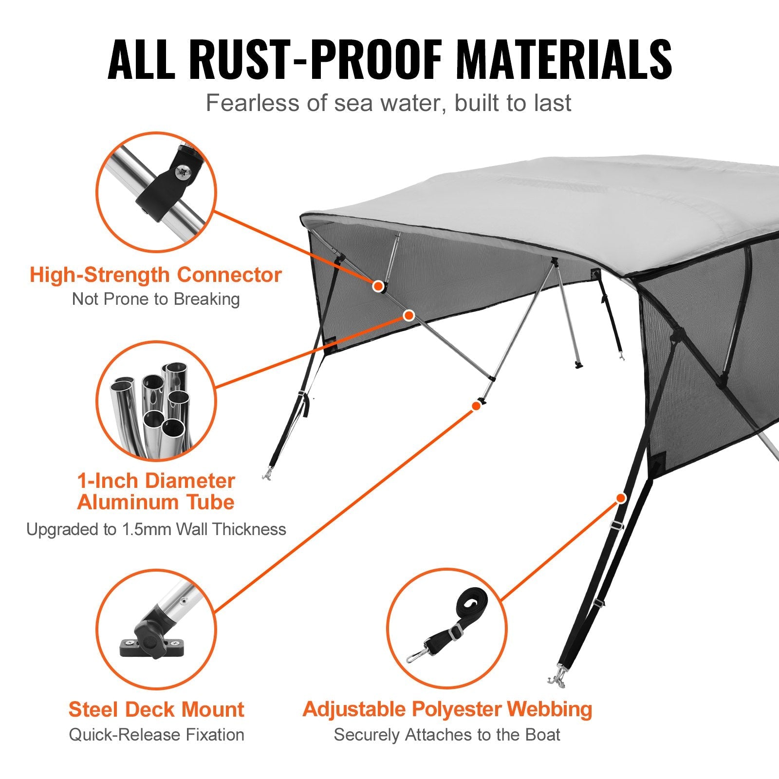 VEVOR 4 Bow Bimini Top Boat Cover, Detachable Mesh Sidewalls, 600D Polyester Canopy with 1" Aluminum Alloy Frame, Includes Storage Boot, 2 Support Poles, 2 Straps, 8'L x 54"H x 79"-84"W, Light Grey 
