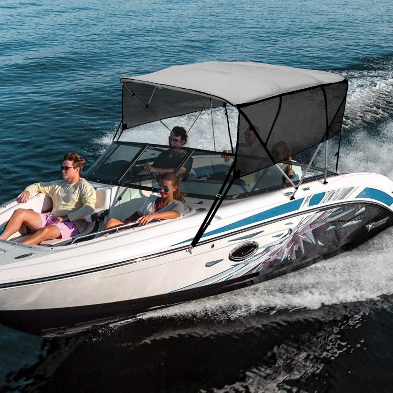 VEVOR 4 Bow Bimini Top Boat Cover, Detachable Mesh Sidewalls, 600D Polyester Canopy with 1" Aluminum Alloy Frame, Includes Storage Boot, 2 Support Poles, 2 Straps, 8'L x 54"H x 79"-84"W, Light Grey 