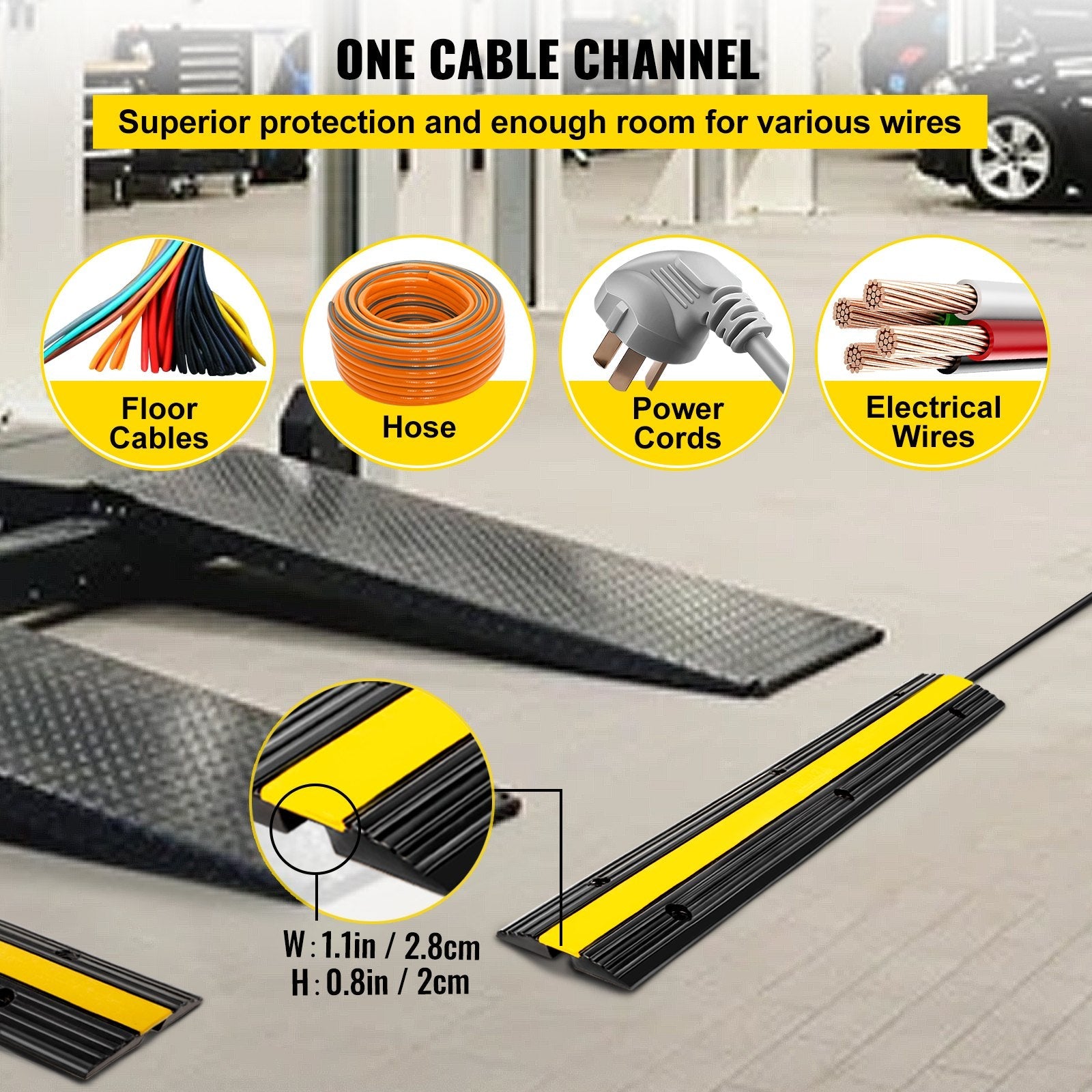 VEVOR 4 Pack of 1-Channel Rubber Cable Protector Ramps Heavy Duty 18000Lbs Load Capacity Cable Wire Cord Cover Ramp Speed Bump Driveway Hose Cable Ramp Protective Cover 