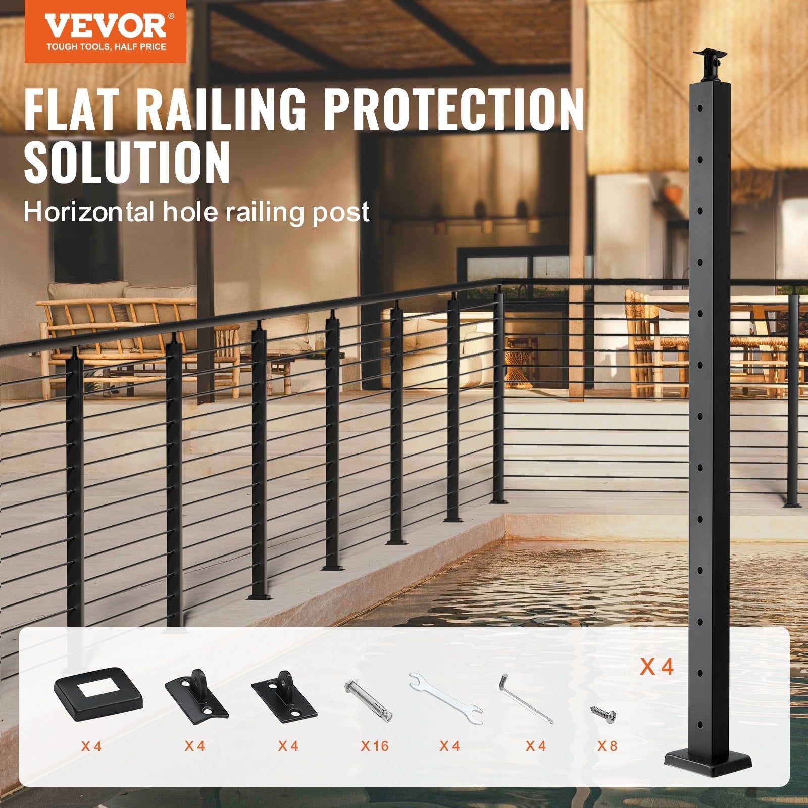 VEVOR 4-Pack Cable Railing Post, 42" x 1" x 2" Steel Horizontal Hole Deck Railing Post, 12 Pre-Drilled Holes, SUS304 Stainless Steel Cable Rail Post with Horizontal and Curved Bracket, Black 