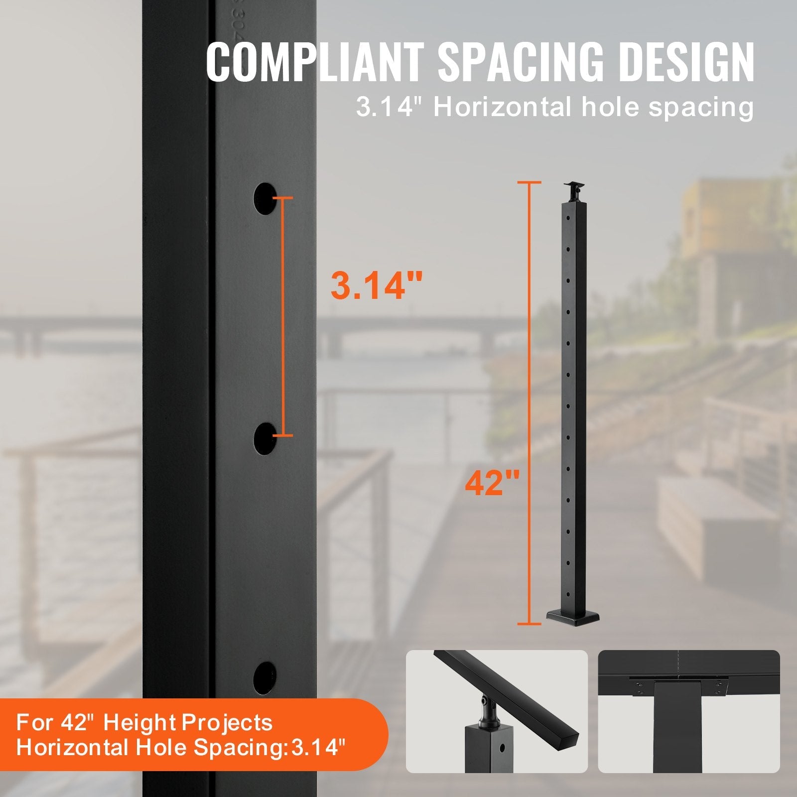 VEVOR 4-Pack Cable Railing Post, 42" x 1" x 2" Steel Horizontal Hole Deck Railing Post, 12 Pre-Drilled Holes, SUS304 Stainless Steel Cable Rail Post with Horizontal and Curved Bracket, Black 