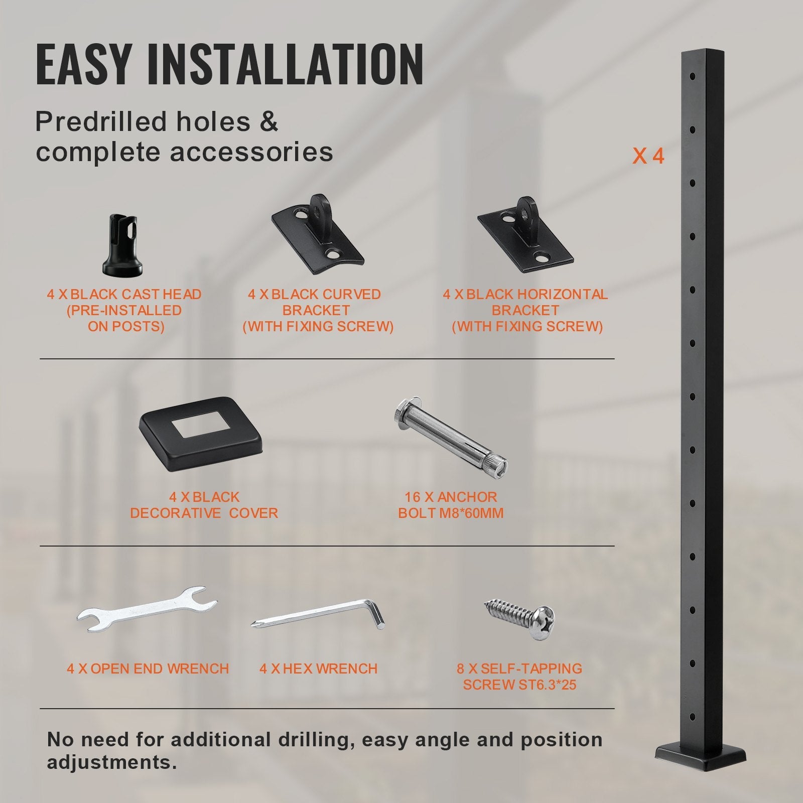 VEVOR 4-Pack Cable Railing Post, 42" x 1" x 2" Steel Horizontal Hole Deck Railing Post, 12 Pre-Drilled Holes, SUS304 Stainless Steel Cable Rail Post with Horizontal and Curved Bracket, Black 