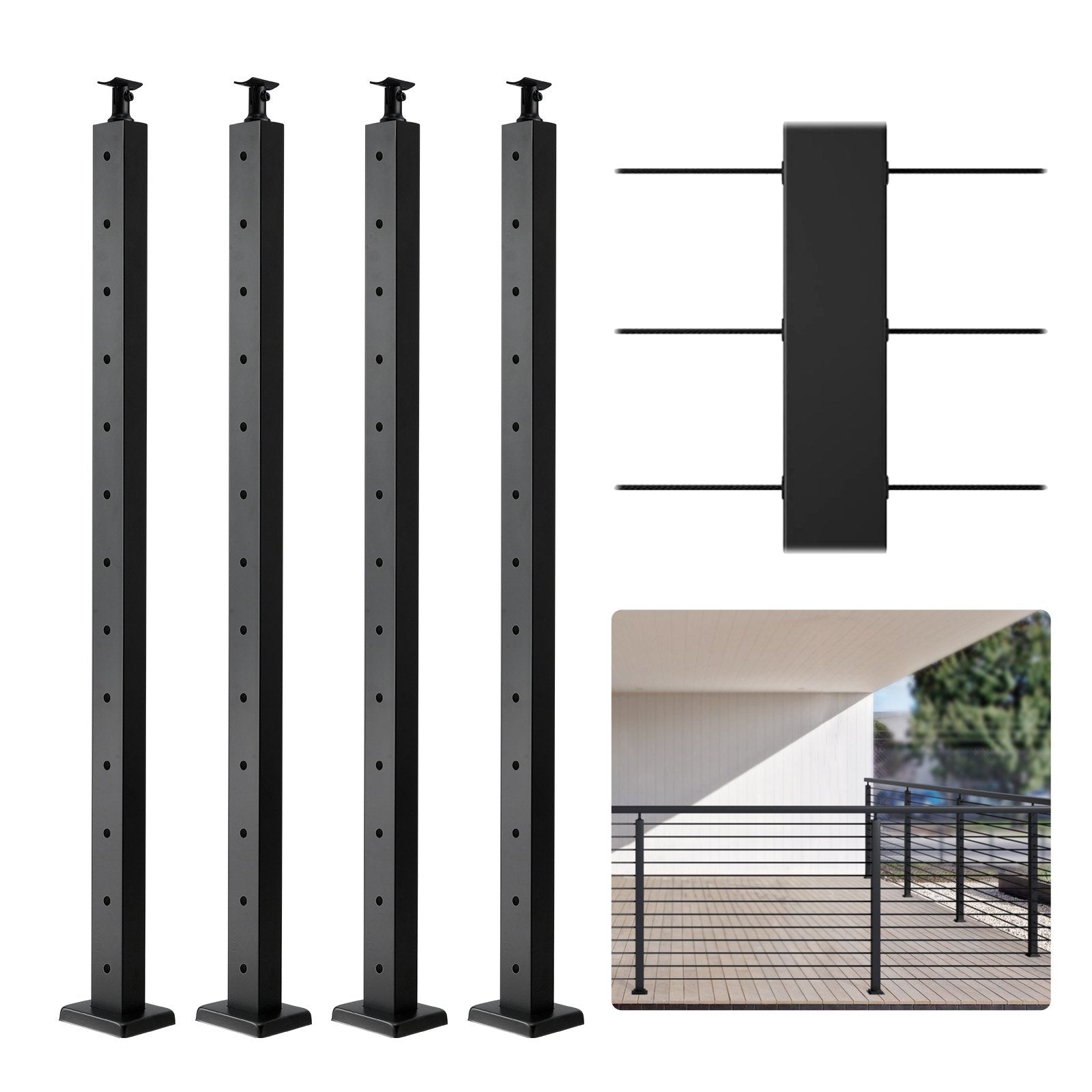 VEVOR 4-Pack Cable Railing Post, 42" x 1" x 2" Steel Horizontal Hole Deck Railing Post, 12 Pre-Drilled Holes, SUS304 Stainless Steel Cable Rail Post with Horizontal and Curved Bracket, Black 