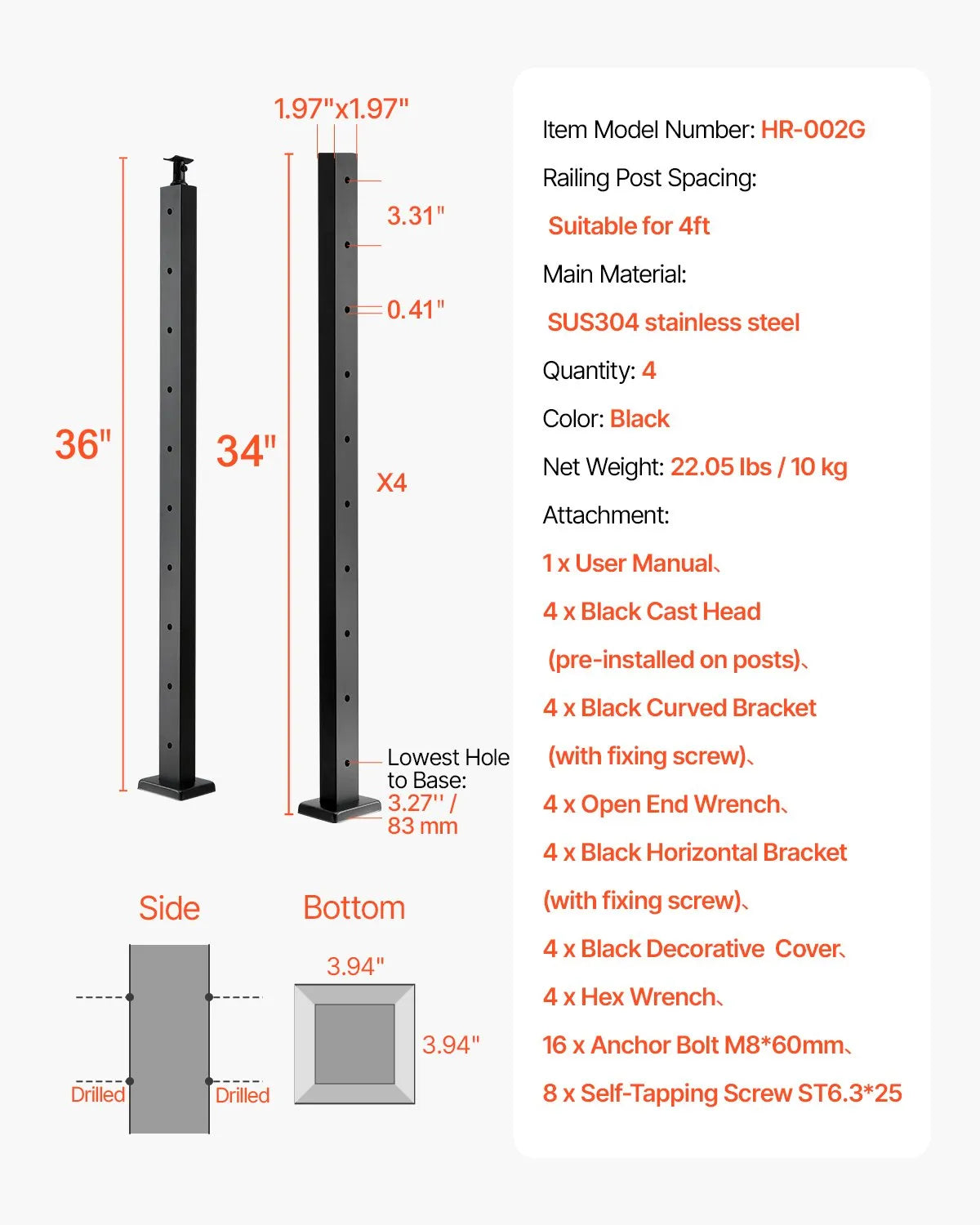 VEVOR Cable Railing Post 36x2x2 In Horizontal-Hole Post 4JZLGZXHS914MY65M001V0