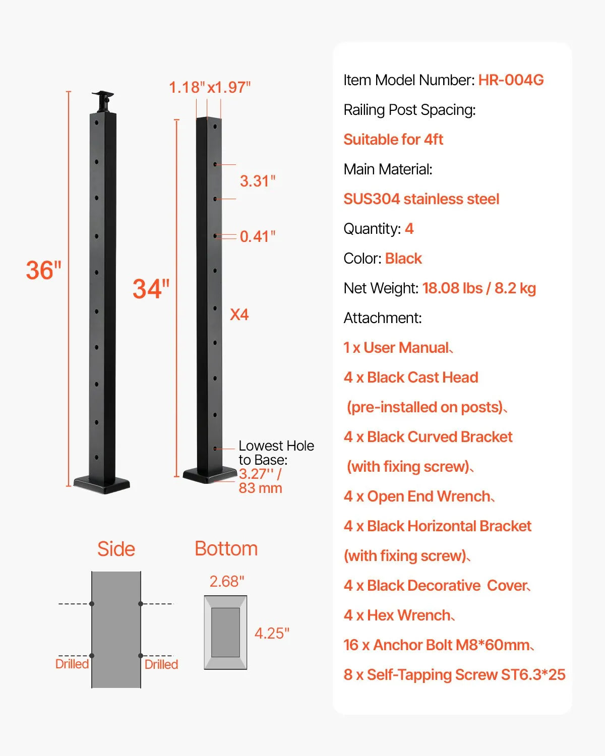 VEVOR Cable Railing Post 36x1x2 In Horizontal-Hole Post 4JZLGZXHS914UUOI6001V0