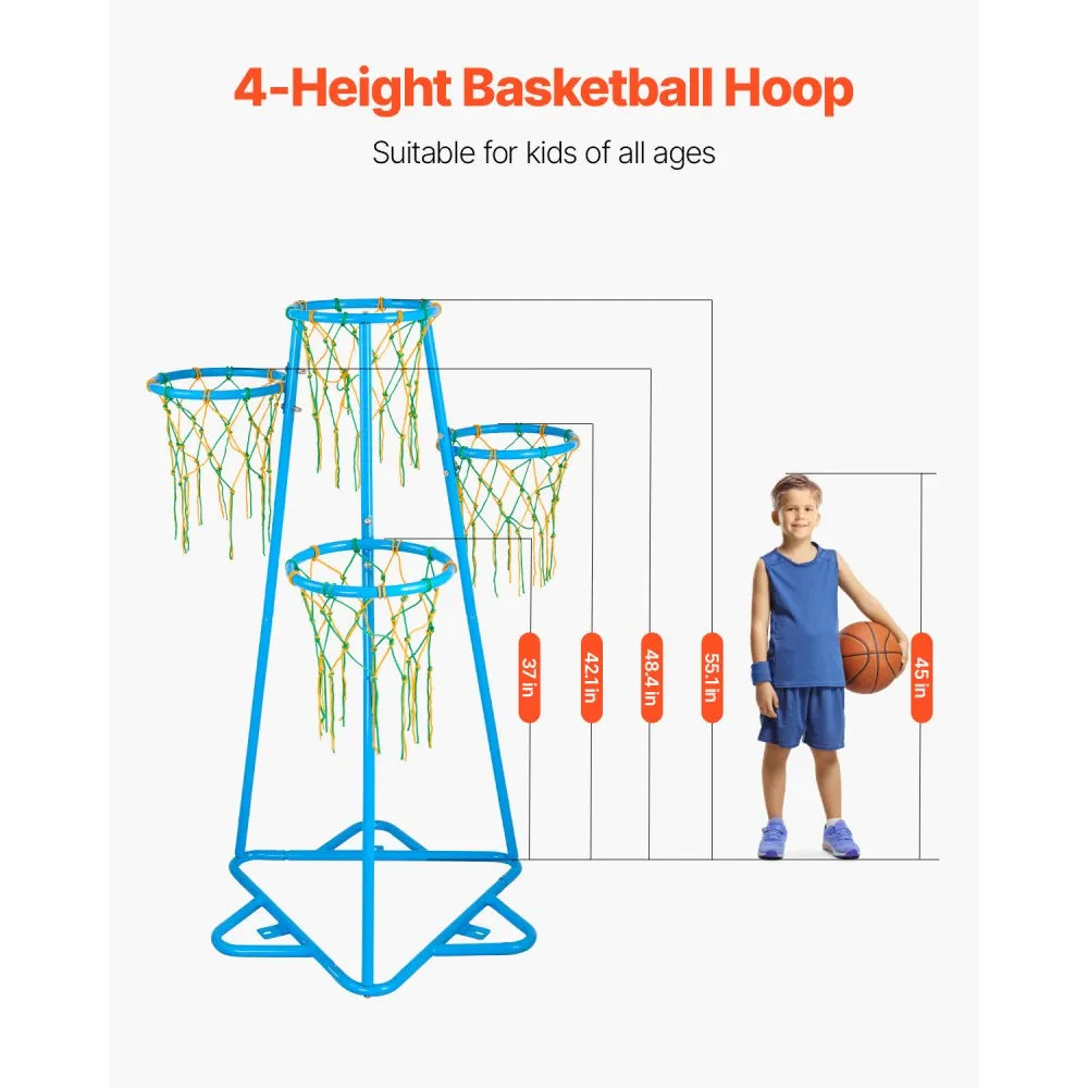 Kids Adjustable Basketball Hoop Set | 4-Hoop Portable Basketball Stand with 3 Balls, Indoor & Outdoor, Blue