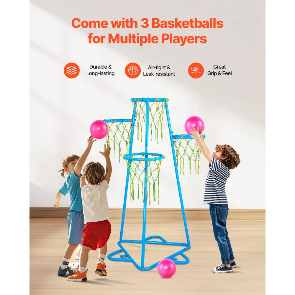 Kids Adjustable Basketball Hoop Set | 4-Hoop Portable Basketball Stand with 3 Balls, Indoor & Outdoor, Blue