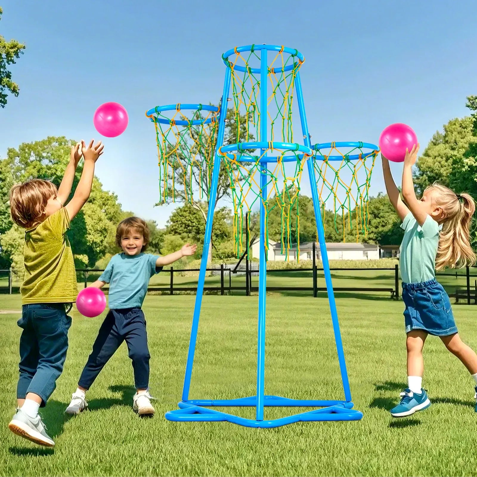 Kids Adjustable Basketball Hoop Set | 4-Hoop Portable Basketball Stand with 3 Balls, Indoor & Outdoor, Blue