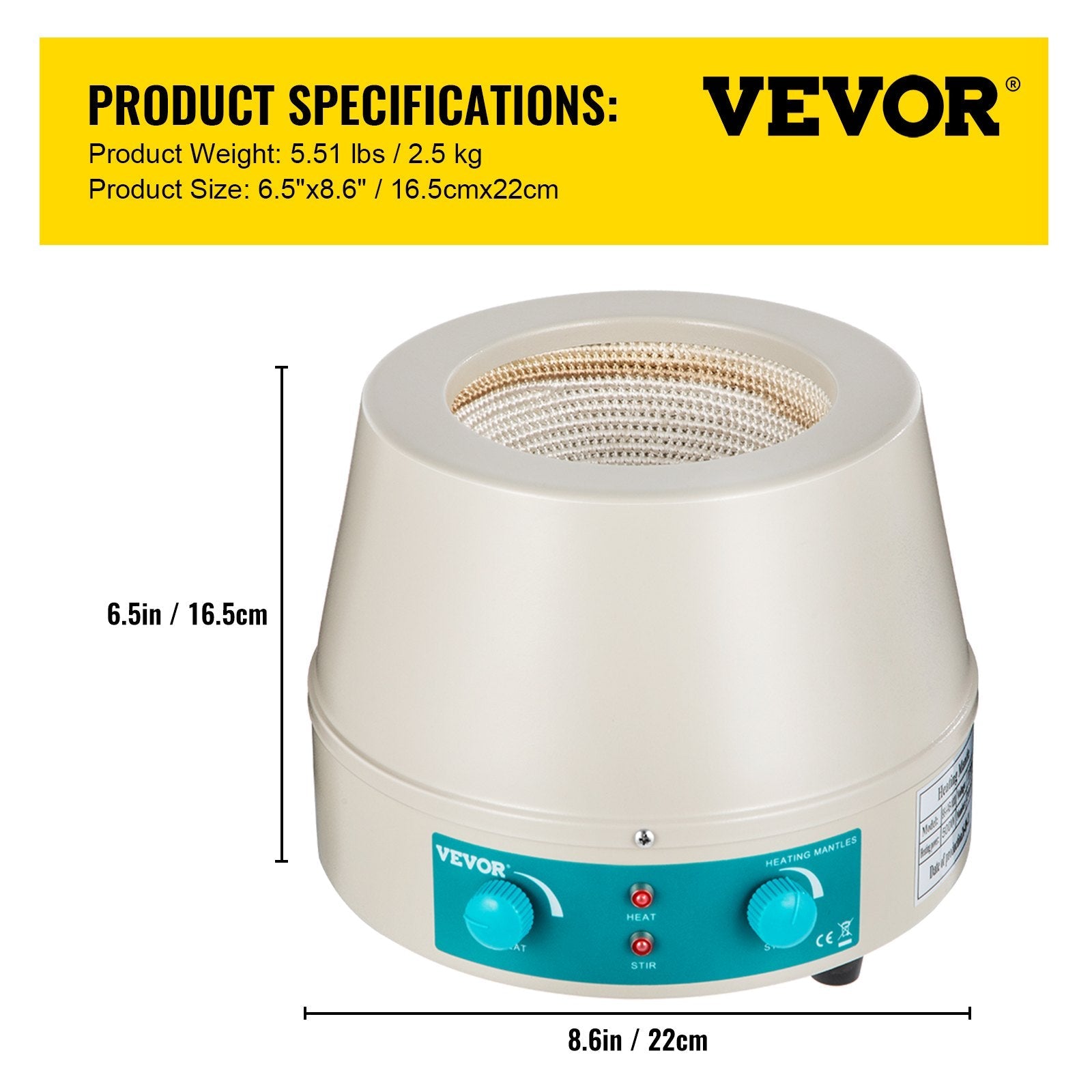 VEVOR Heating Mantle 500ml Magnetic Stirrer Heating Mantle 0-1600rpm Heating Mantle Magnetic Stirrer 250W Lab Magnetic Stir Plate for Liquid Heating and Stirring (500ml) 