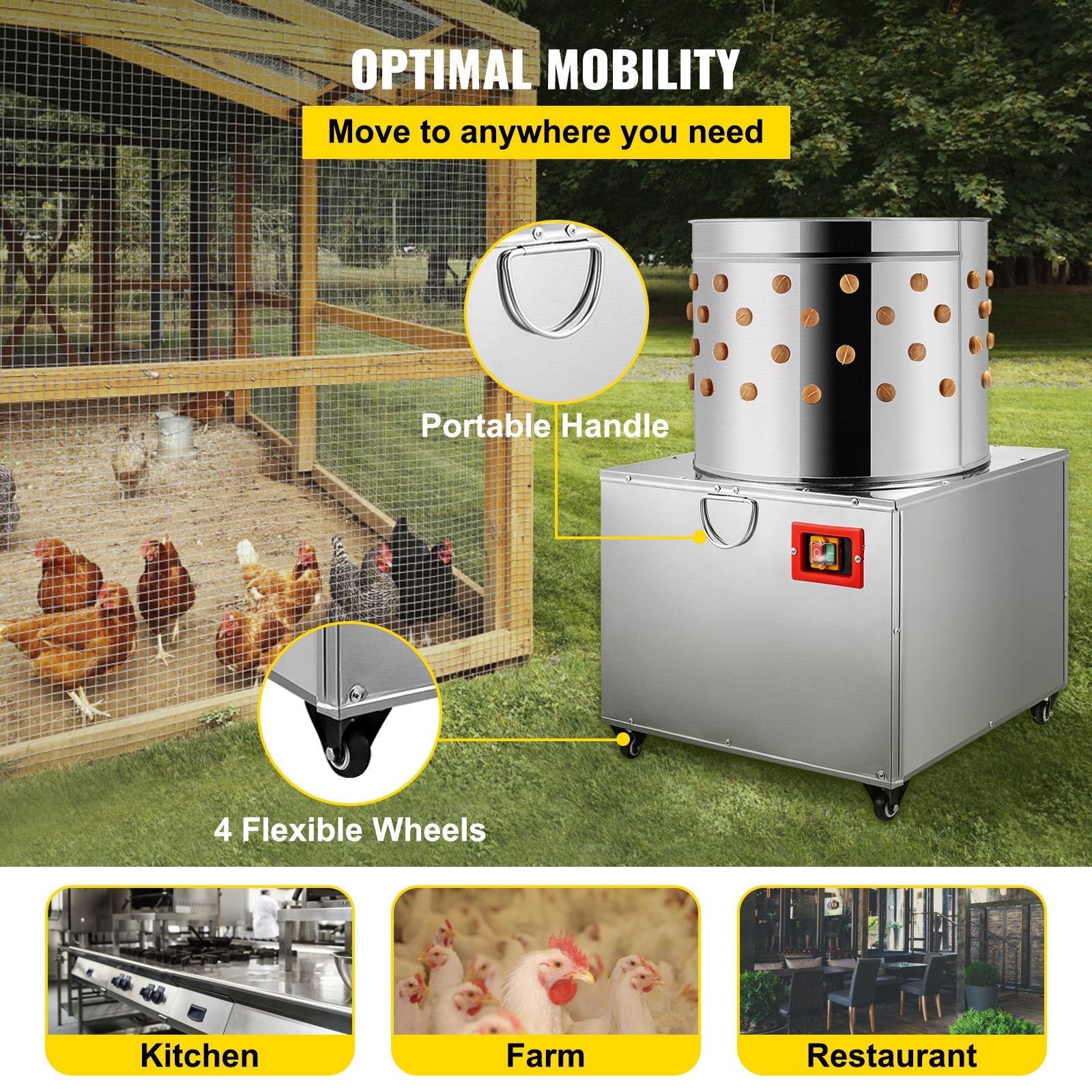 VEVOR Stainless Steel Chicken Plucker 20 Inch Barrel Diameter De-Feather Remover Poultry Machine 1500W 275R/min Barrel Diameter Heavy Duty Feather Plucking Machine 