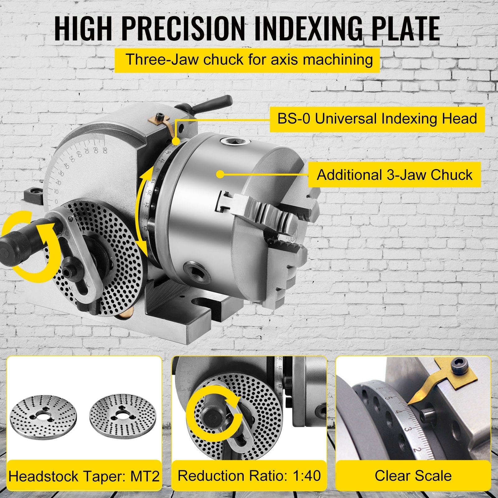 VEVOR Dividing Head BS-0 5Inch 3 Jaw Chuck Dividing Head Set Precision Semi Universal Dividing Head for Milling Machine Rotary Table Tailstock Milling Set (5 Inch Chuck) 