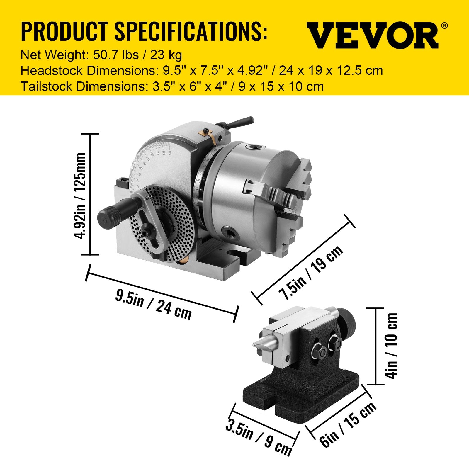 VEVOR Dividing Head BS-0 5Inch 3 Jaw Chuck Dividing Head Set Precision Semi Universal Dividing Head for Milling Machine Rotary Table Tailstock Milling Set (5 Inch Chuck) 