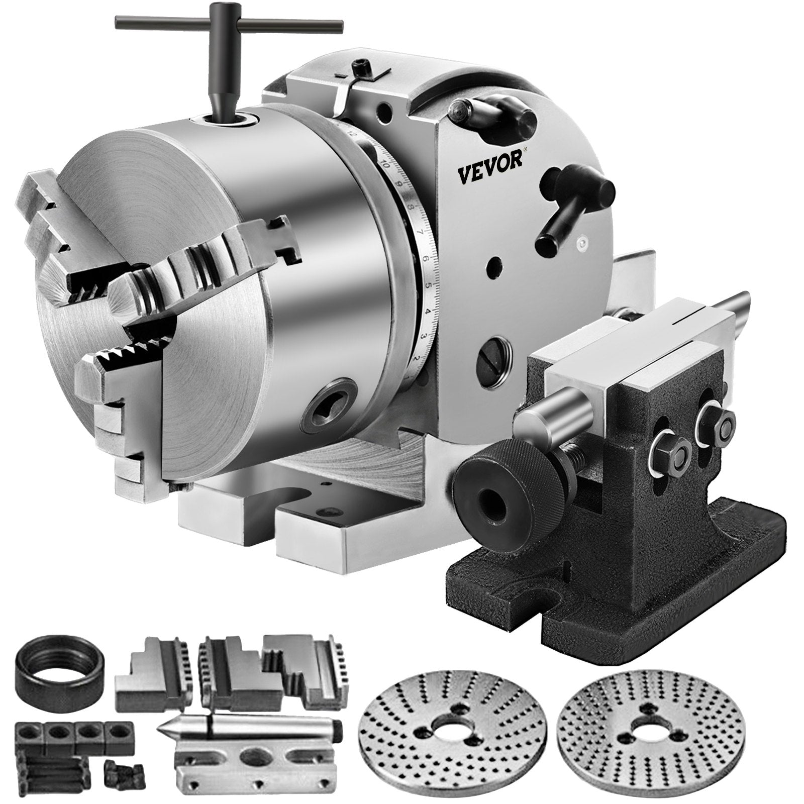 VEVOR Dividing Head BS-0 5Inch 3 Jaw Chuck Dividing Head Set Precision Semi Universal Dividing Head for Milling Machine Rotary Table Tailstock Milling Set (5 Inch Chuck) 