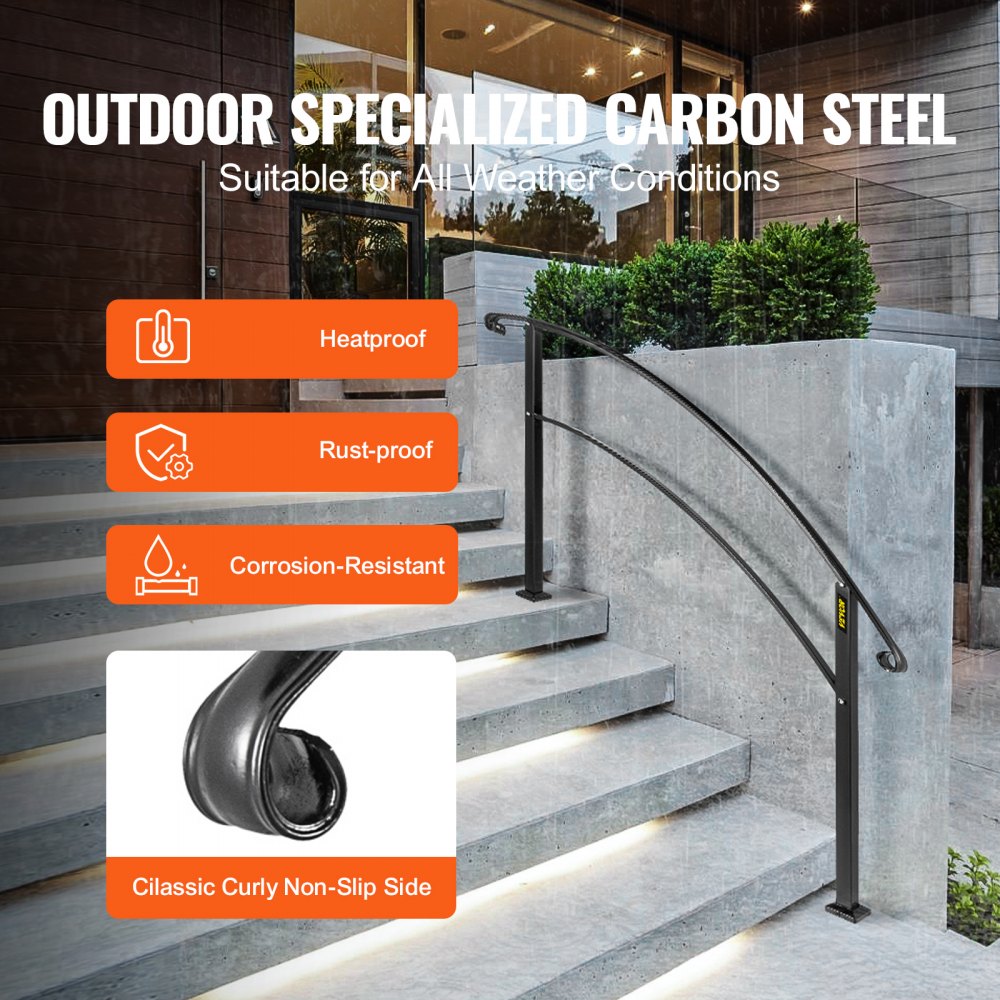 VEVOR Handrails for Outdoor Steps, Fit 1 or 5 Steps Outdoor Stair Railing, Black Wrought Iron Handrail, Flexible Front Porch Hand Rail, Transitional Handrails for Concrete Steps or Wooden Stairs 
