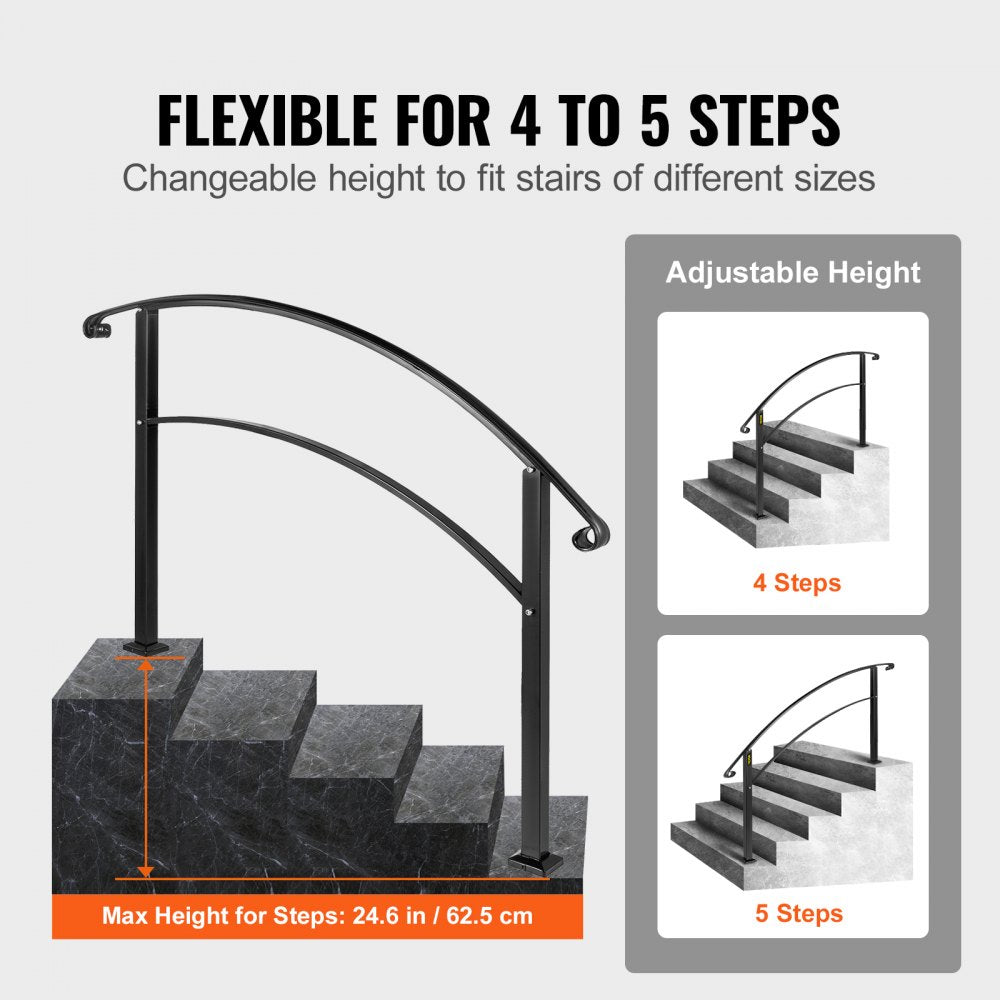 VEVOR Handrails for Outdoor Steps, Fit 1 or 5 Steps Outdoor Stair Railing, Black Wrought Iron Handrail, Flexible Front Porch Hand Rail, Transitional Handrails for Concrete Steps or Wooden Stairs 