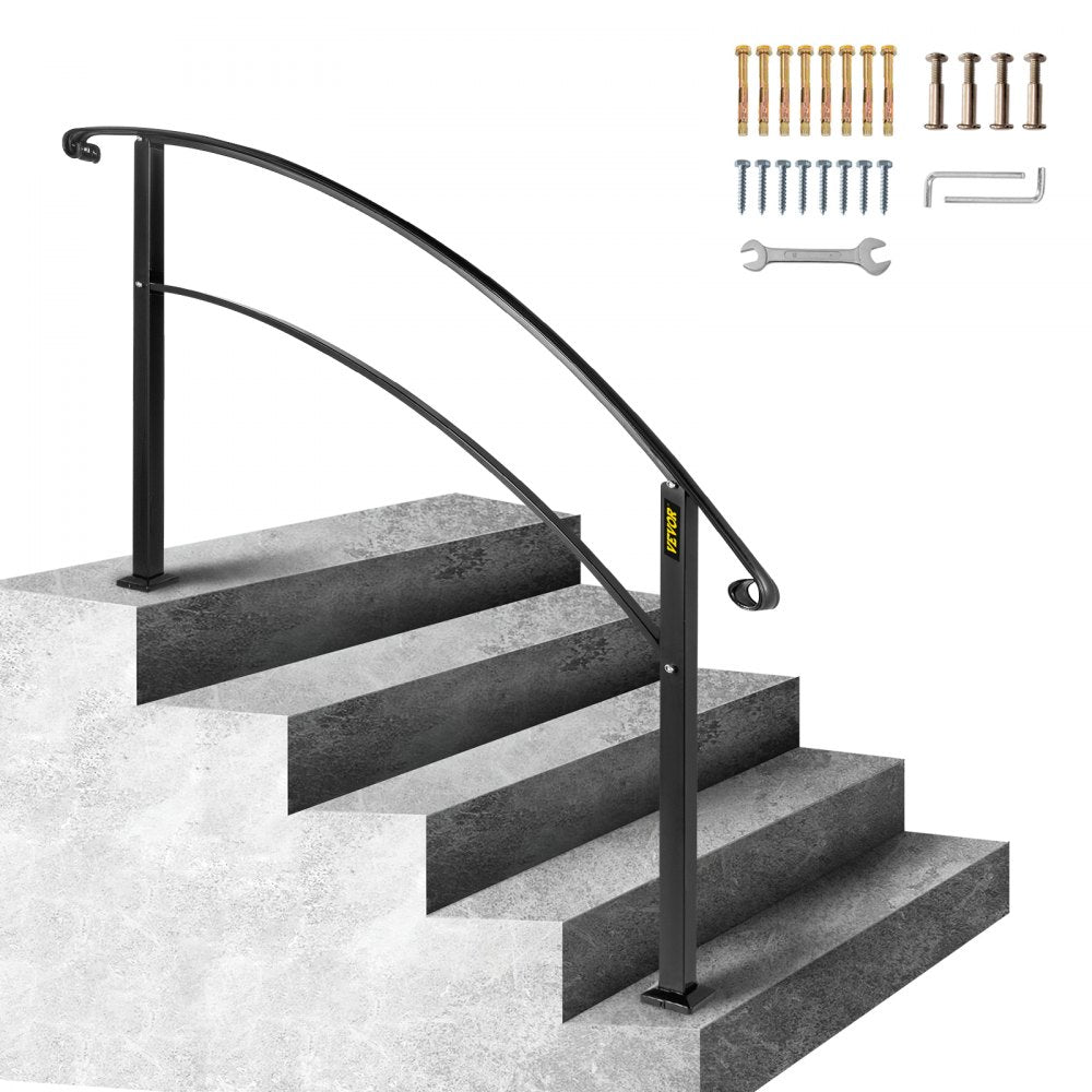 VEVOR Handrails for Outdoor Steps, Fit 1 or 5 Steps Outdoor Stair Railing, Black Wrought Iron Handrail, Flexible Front Porch Hand Rail, Transitional Handrails for Concrete Steps or Wooden Stairs 