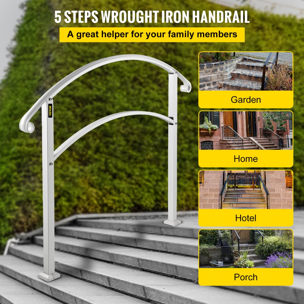VEVOR Handrails for Outdoor Steps, Fit 1 or 5 Steps Outdoor Stair Railing, White Wrought Iron Handrail, Flexible Front Porch Hand Rail, Transitional Handrails for Concrete Steps or Wooden Stairs 