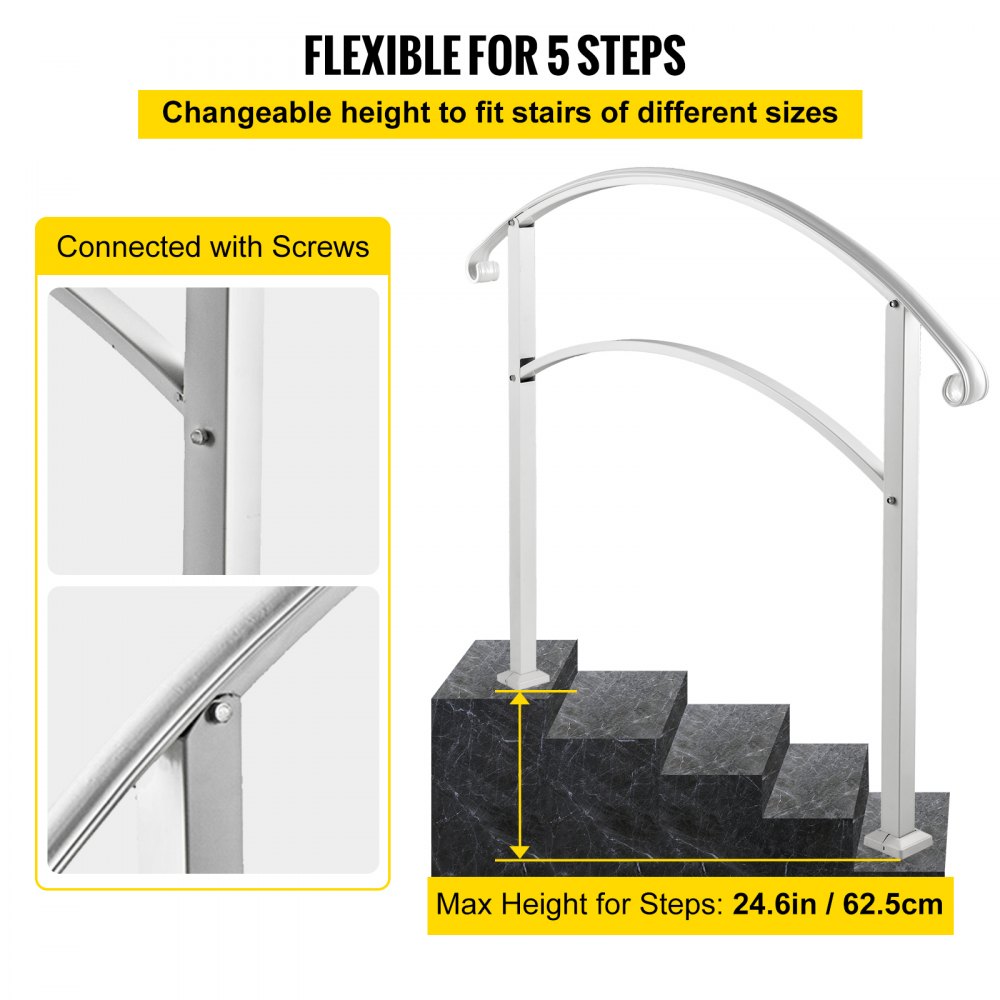 VEVOR Handrails for Outdoor Steps, Fit 1 or 5 Steps Outdoor Stair Railing, White Wrought Iron Handrail, Flexible Front Porch Hand Rail, Transitional Handrails for Concrete Steps or Wooden Stairs 
