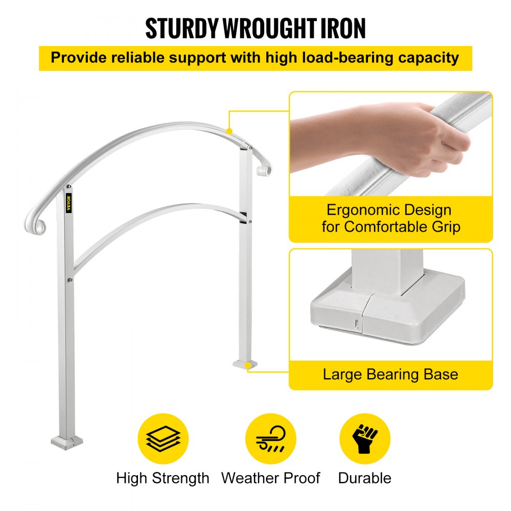 VEVOR Handrails for Outdoor Steps, Fit 1 or 5 Steps Outdoor Stair Railing, White Wrought Iron Handrail, Flexible Front Porch Hand Rail, Transitional Handrails for Concrete Steps or Wooden Stairs 