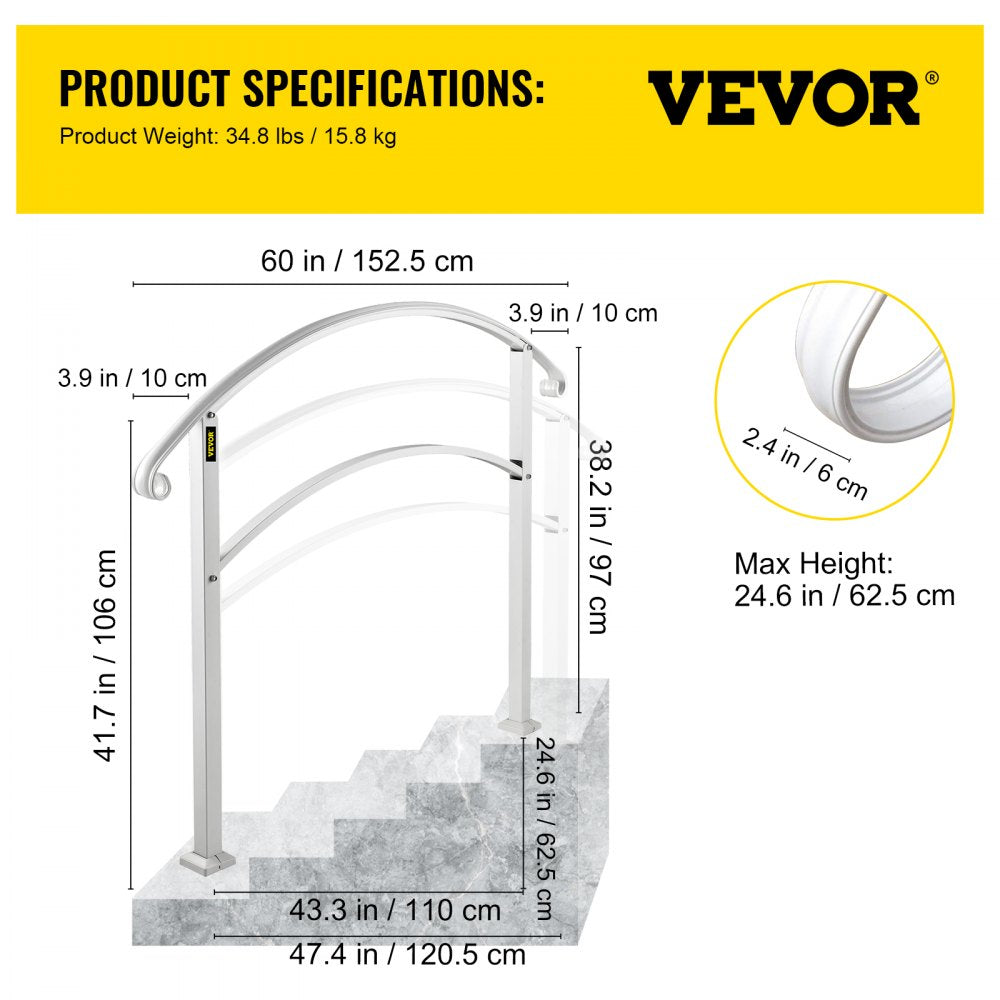 VEVOR Handrails for Outdoor Steps, Fit 1 or 5 Steps Outdoor Stair Railing, White Wrought Iron Handrail, Flexible Front Porch Hand Rail, Transitional Handrails for Concrete Steps or Wooden Stairs 