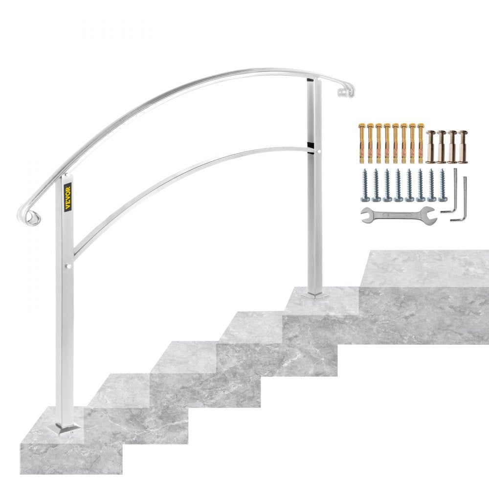 VEVOR Handrails for Outdoor Steps, Fit 1 or 5 Steps Outdoor Stair Railing, White Wrought Iron Handrail, Flexible Front Porch Hand Rail, Transitional Handrails for Concrete Steps or Wooden Stairs 