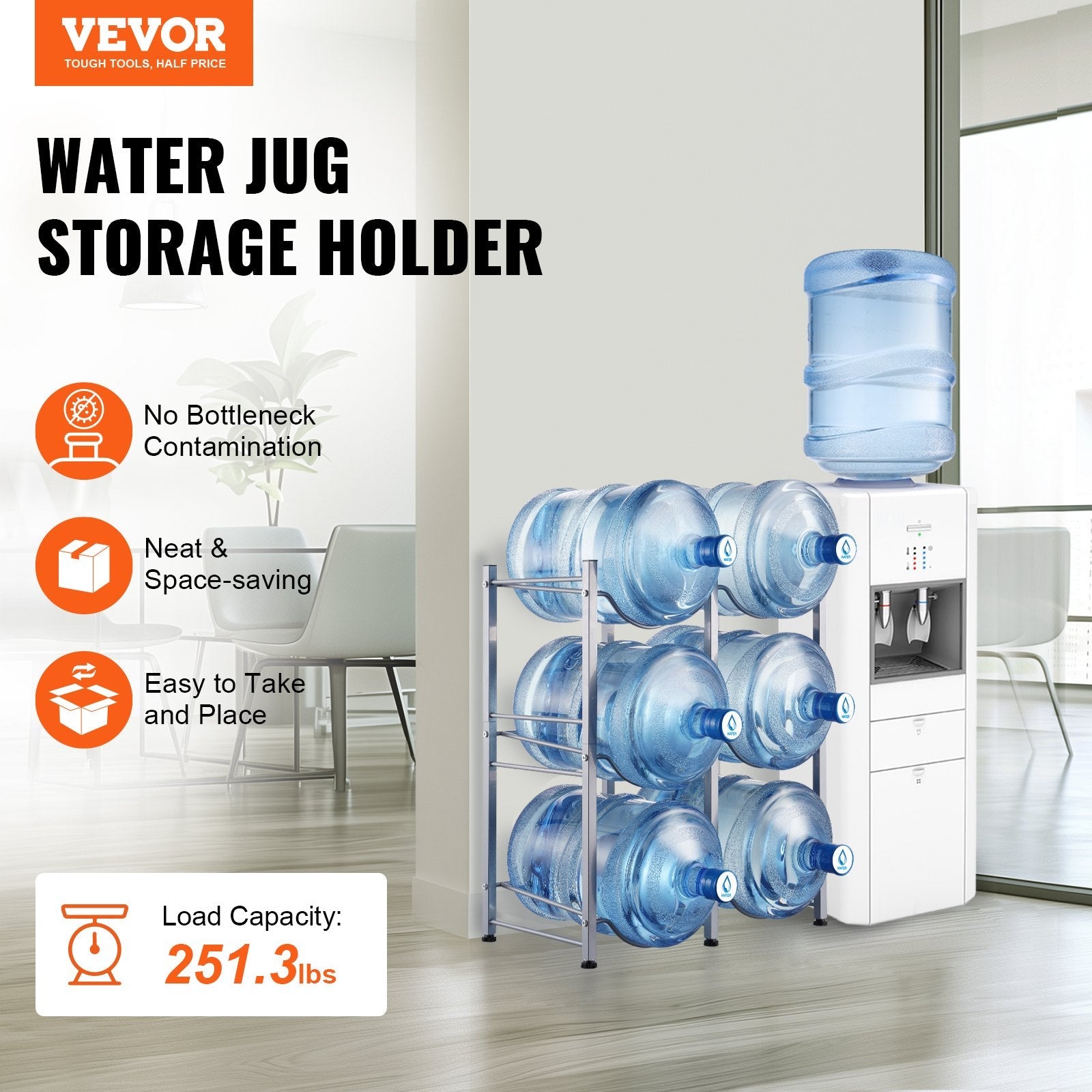 VEVOR 3 Tiers Water Jug Holder Double Row Water Bottle Rack for 6 Bottles Silver 
