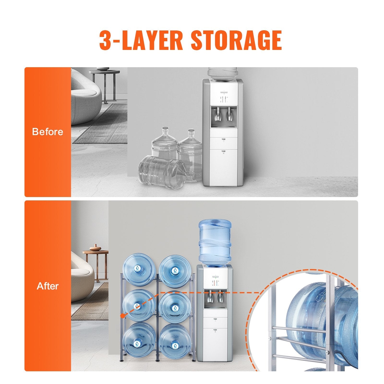 VEVOR 3 Tiers Water Jug Holder Double Row Water Bottle Rack for 6 Bottles Silver 