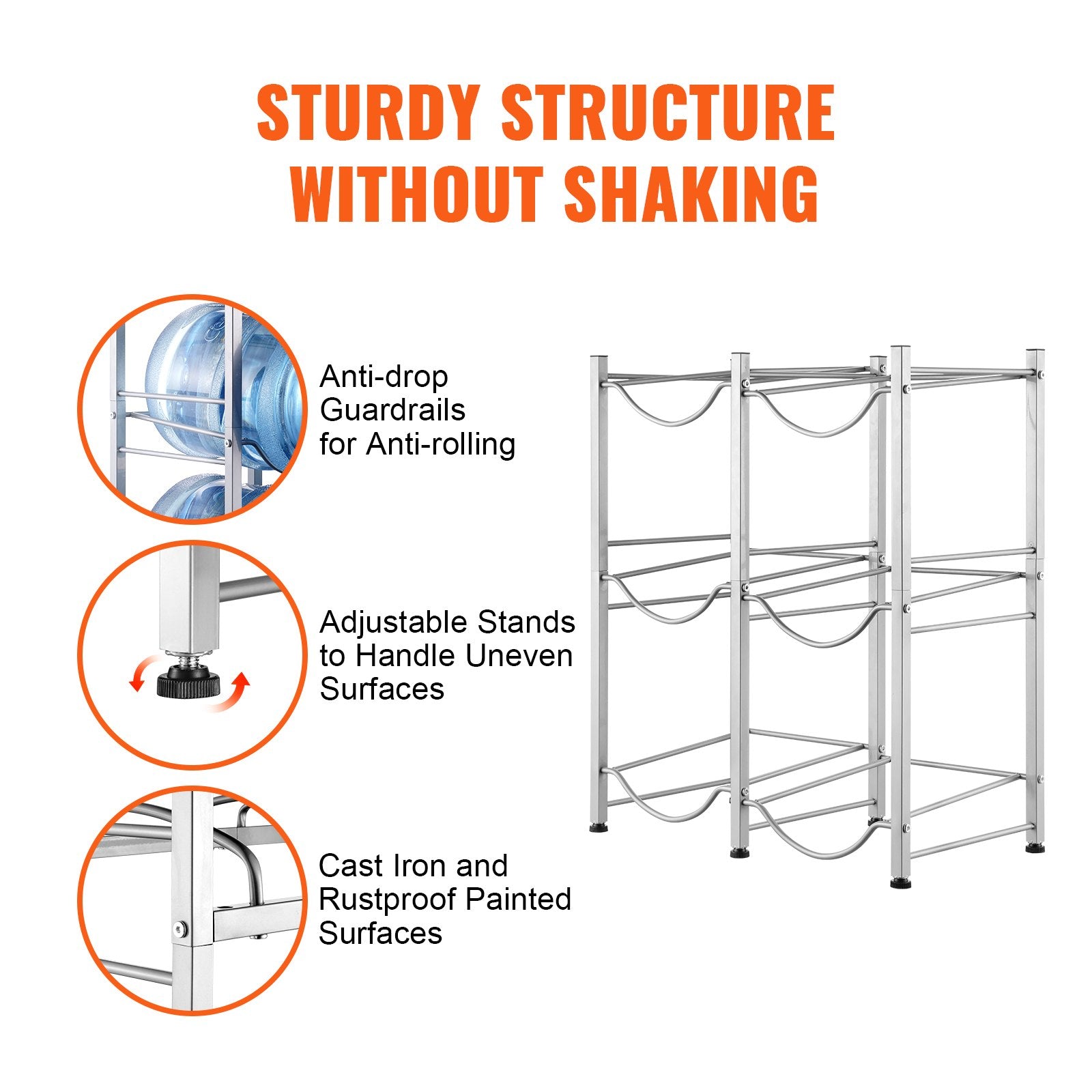 VEVOR 3 Tiers Water Jug Holder Double Row Water Bottle Rack for 6 Bottles Silver 