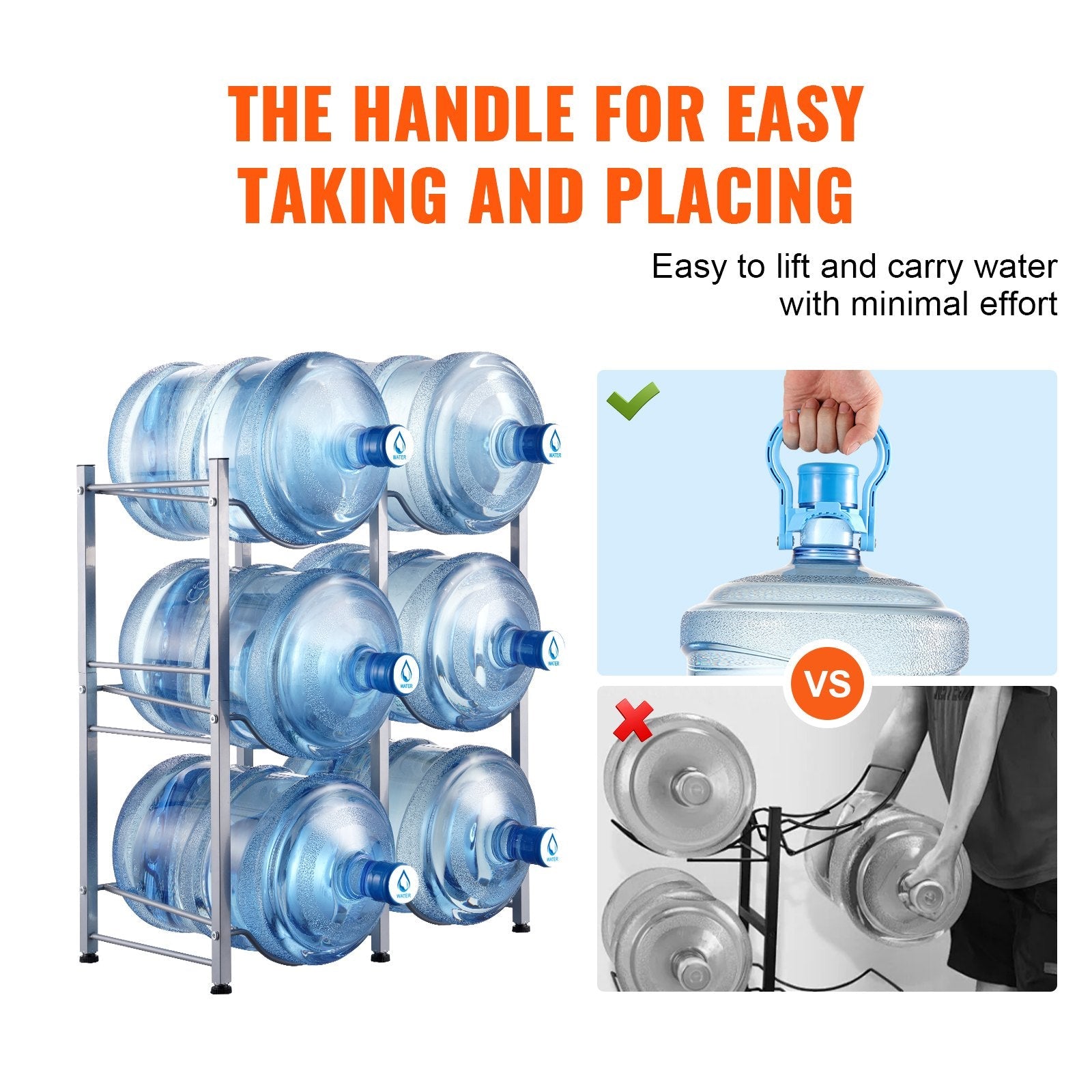 VEVOR 3 Tiers Water Jug Holder Double Row Water Bottle Rack for 6 Bottles Silver 