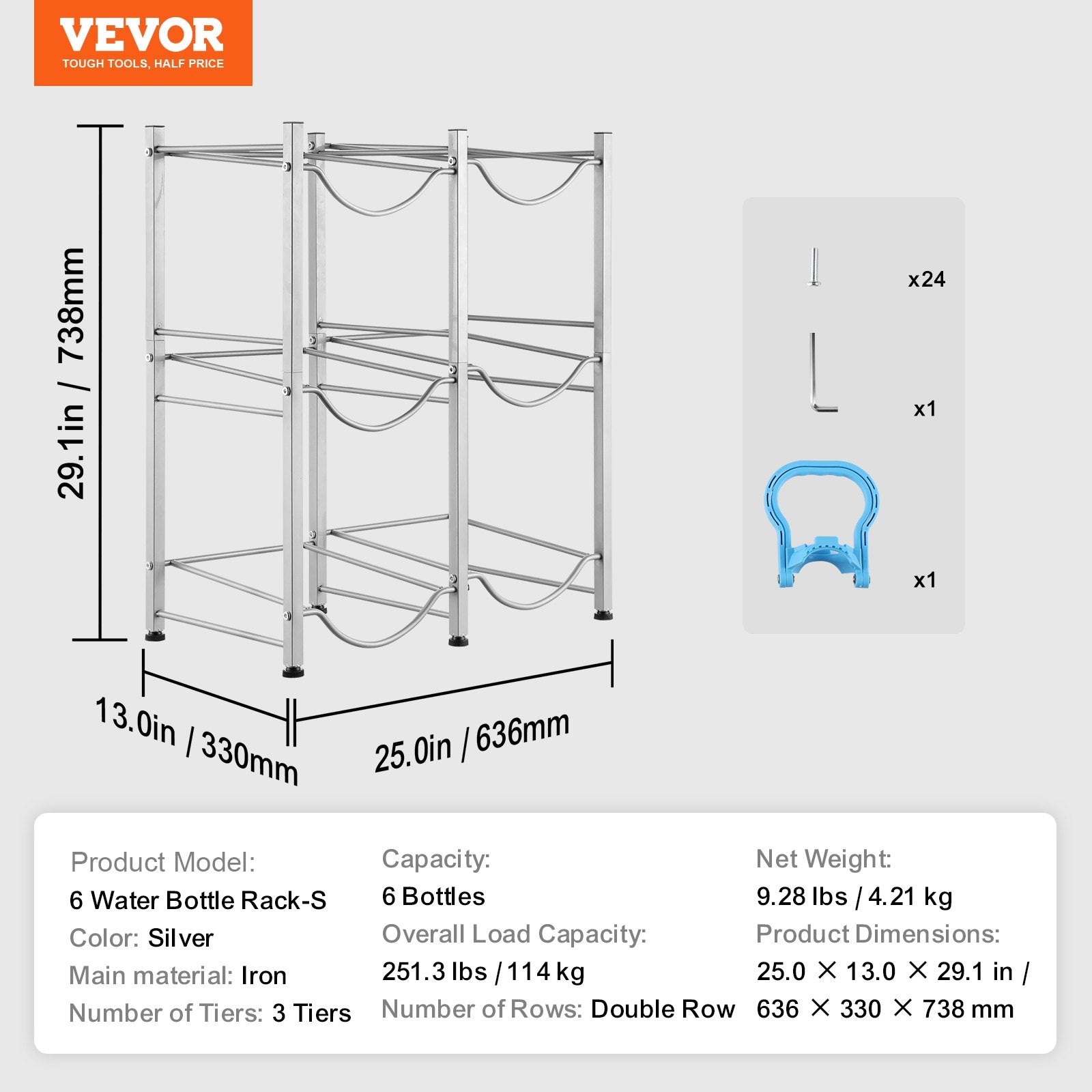 VEVOR 3 Tiers Water Jug Holder Double Row Water Bottle Rack for 6 Bottles Silver 