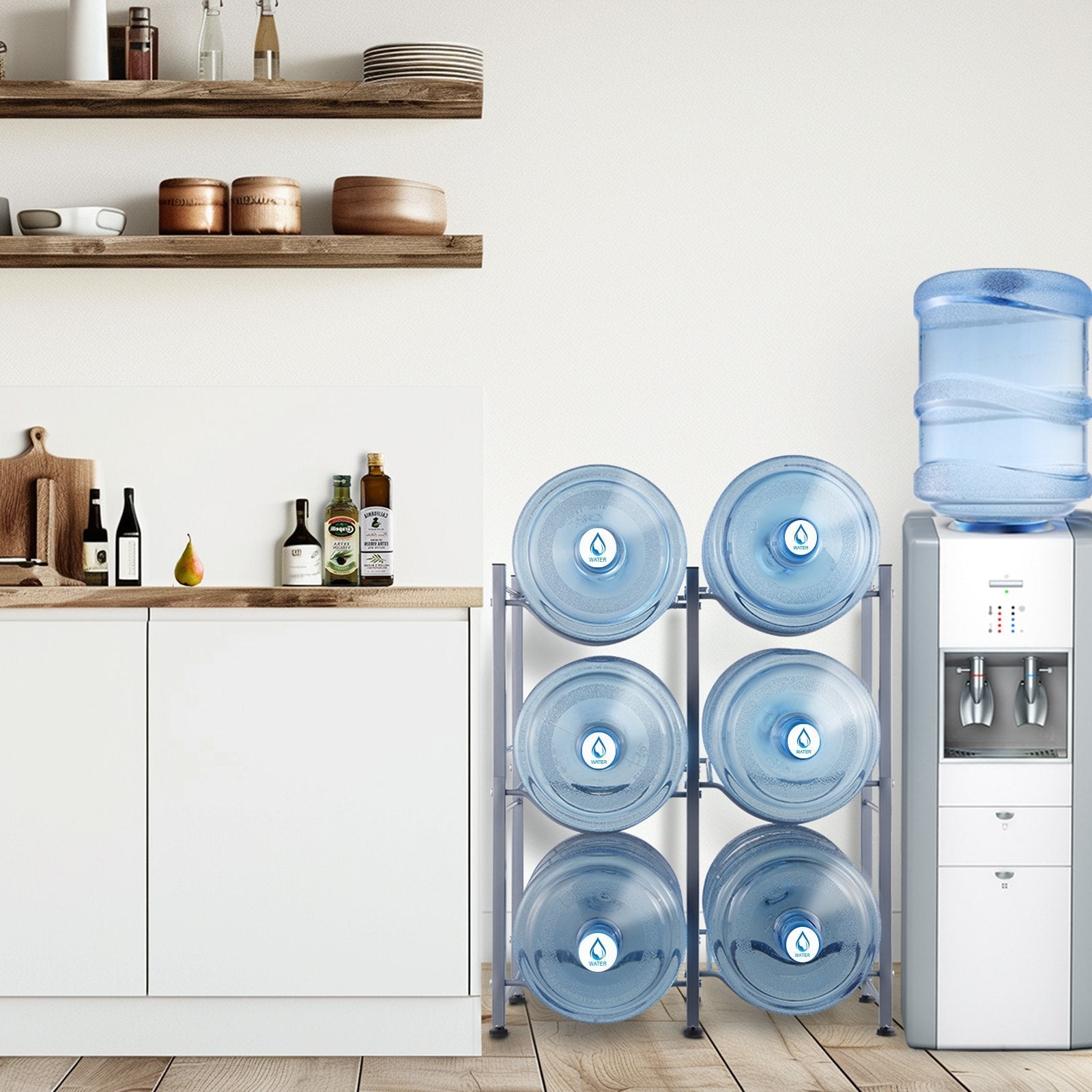 VEVOR 3 Tiers Water Jug Holder Double Row Water Bottle Rack for 6 Bottles Silver 