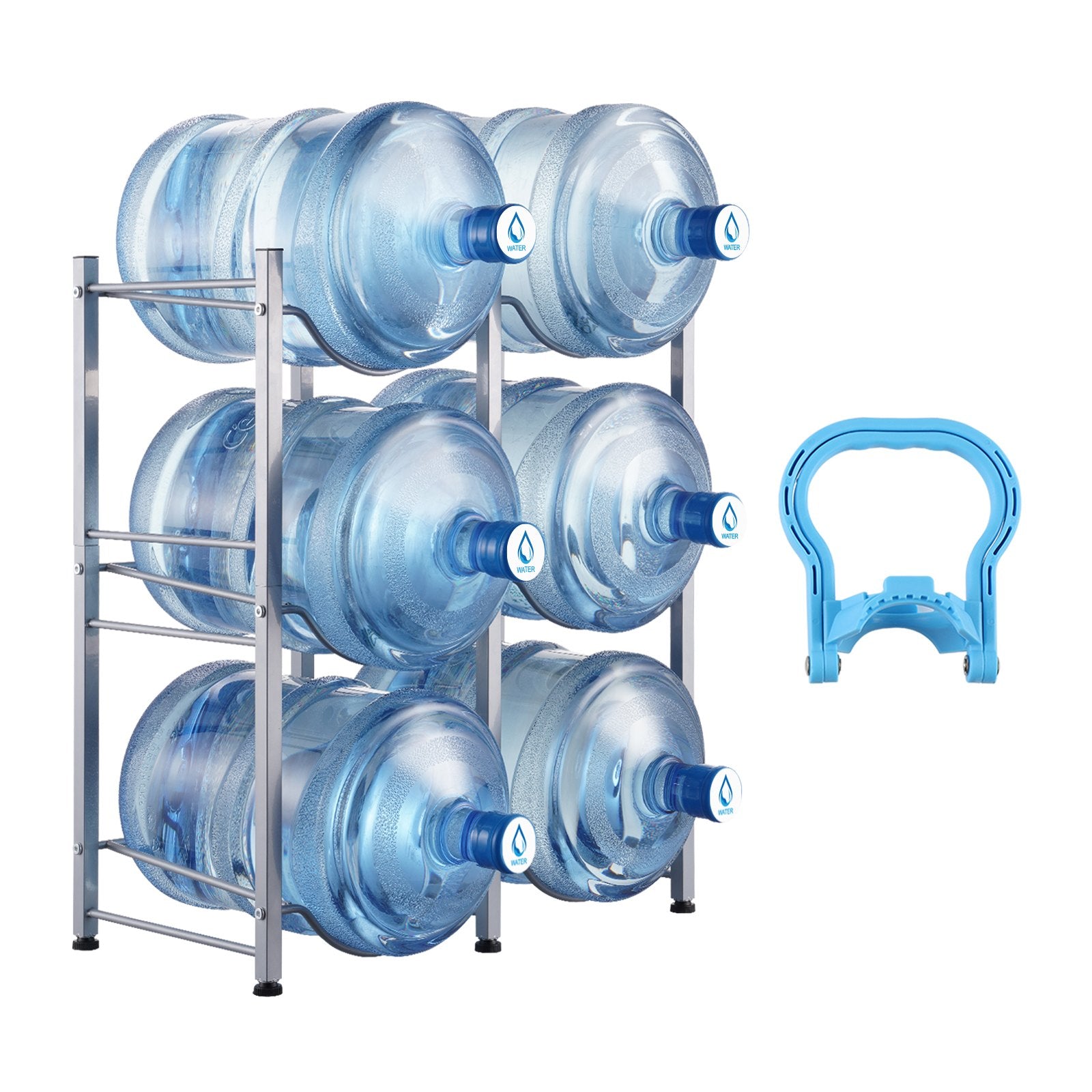 VEVOR 3 Tiers Water Jug Holder Double Row Water Bottle Rack for 6 Bottles Silver 