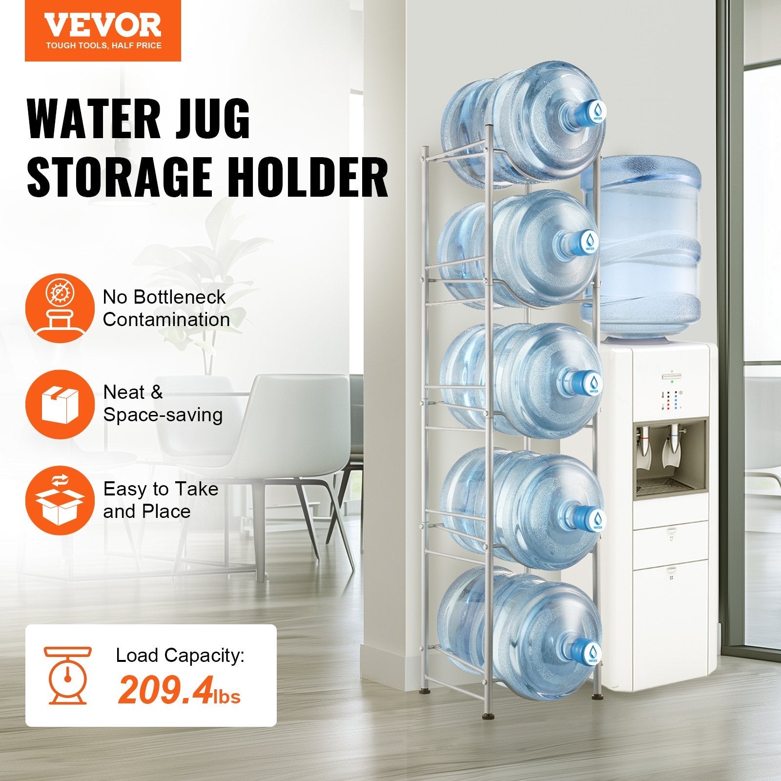 VEVOR 5 Tiers Water Jug Holder Single Row Water Bottle Rack for 5 Bottles Silver 