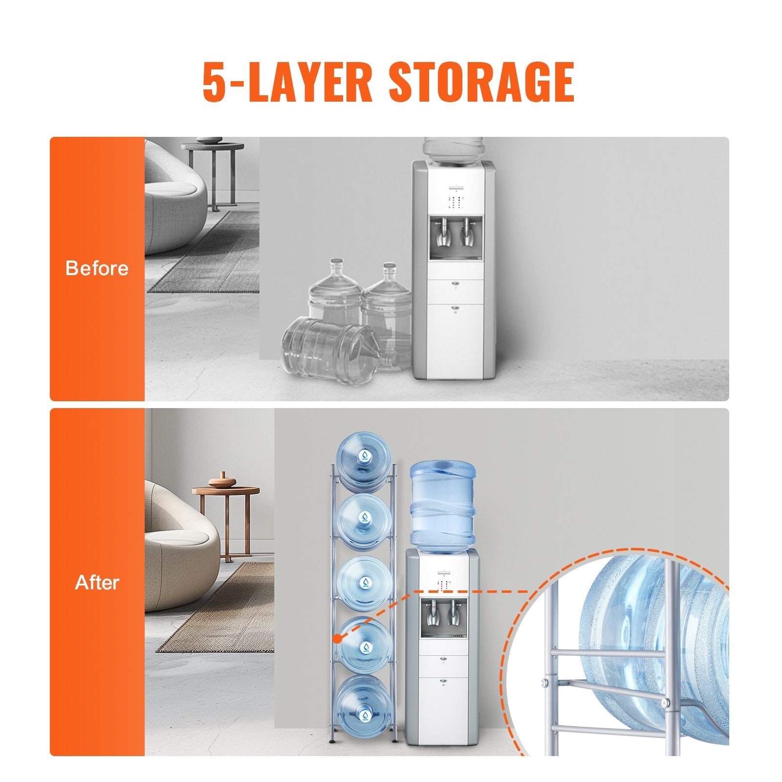VEVOR 5 Tiers Water Jug Holder Single Row Water Bottle Rack for 5 Bottles Silver 