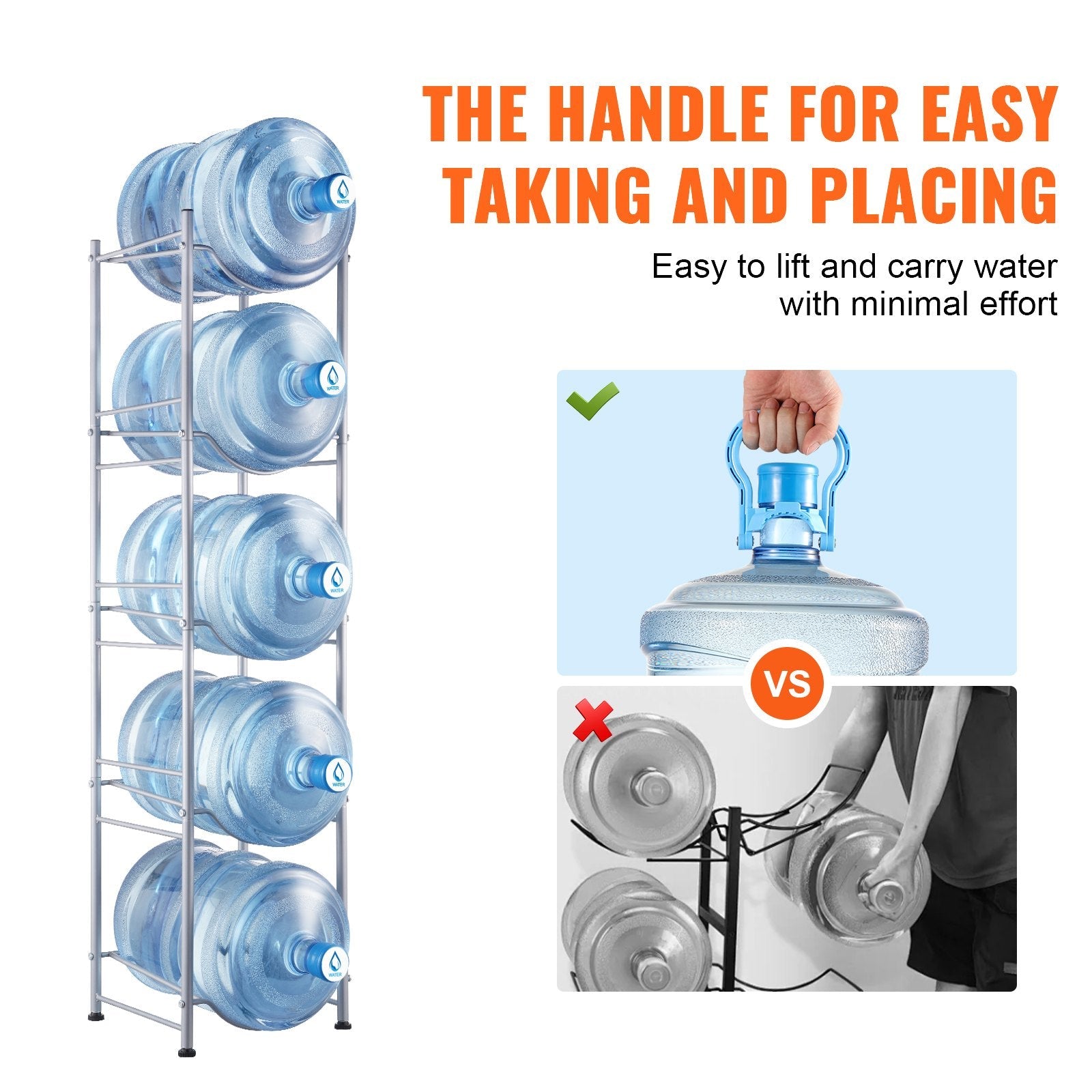 VEVOR 5 Tiers Water Jug Holder Single Row Water Bottle Rack for 5 Bottles Silver 