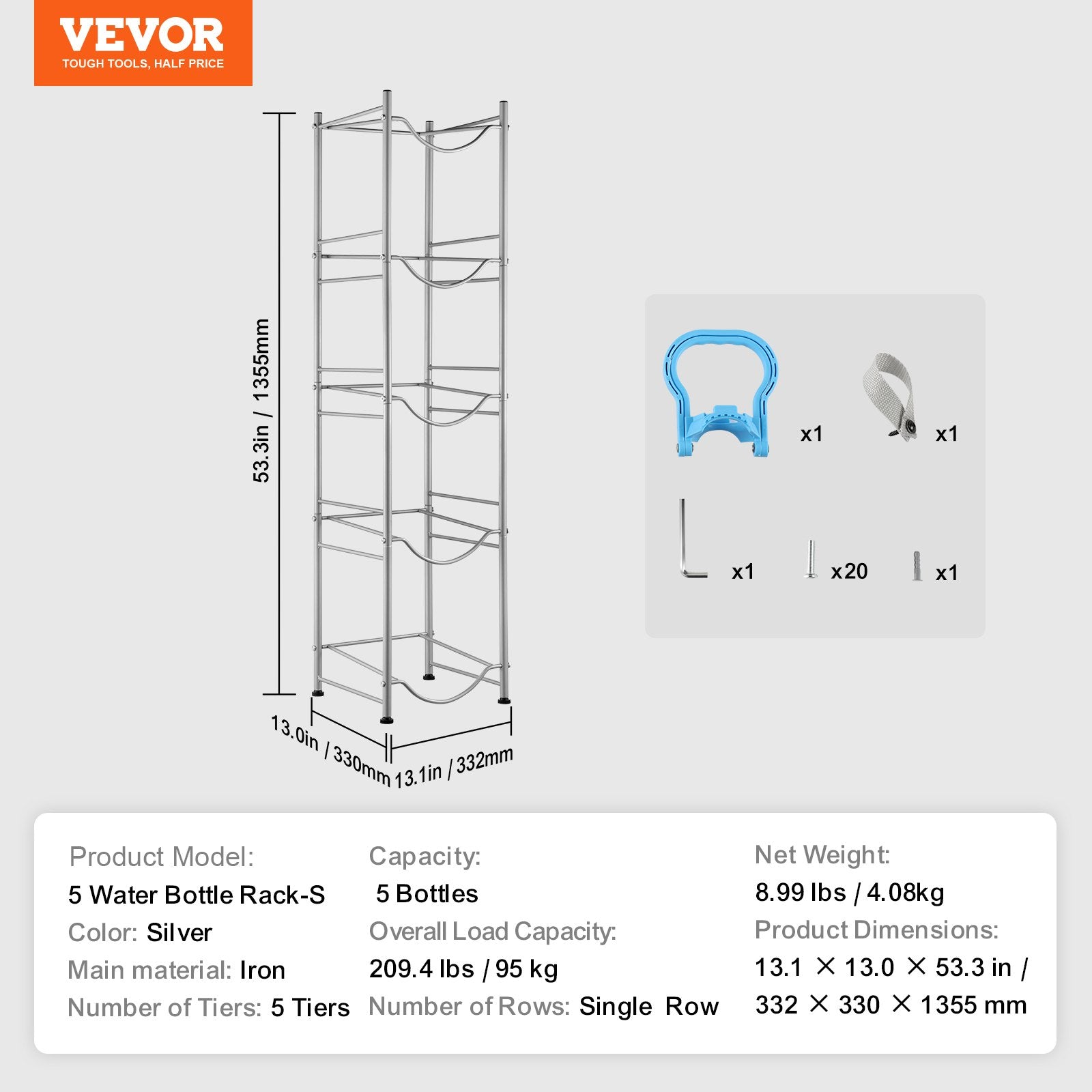 VEVOR 5 Tiers Water Jug Holder Single Row Water Bottle Rack for 5 Bottles Silver 