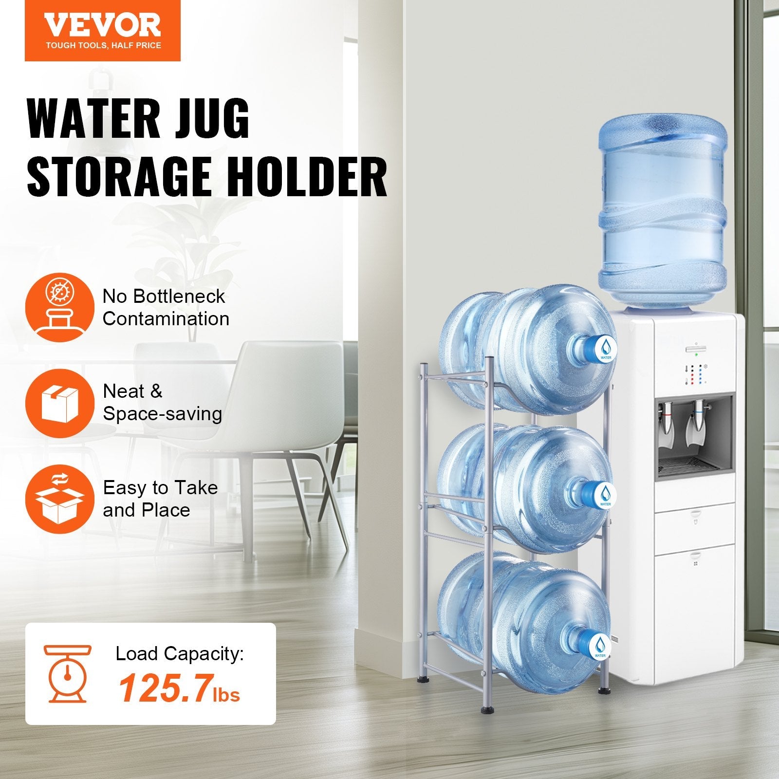 VEVOR 3 Tiers Water Jug Holder Single Row Water Bottle Rack for 3 Bottles Silver 
