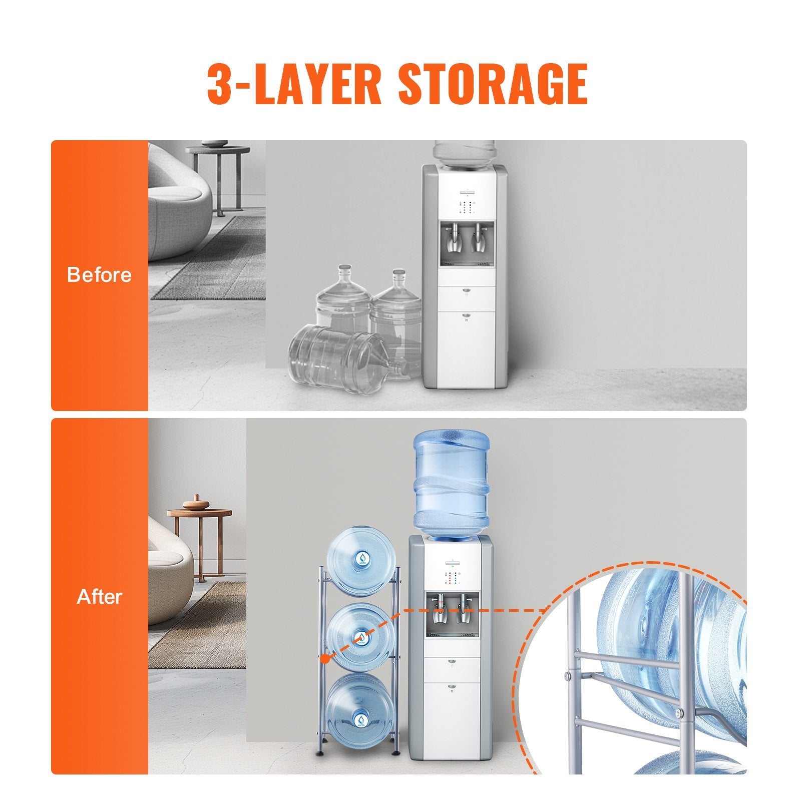 VEVOR 3 Tiers Water Jug Holder Single Row Water Bottle Rack for 3 Bottles Silver 