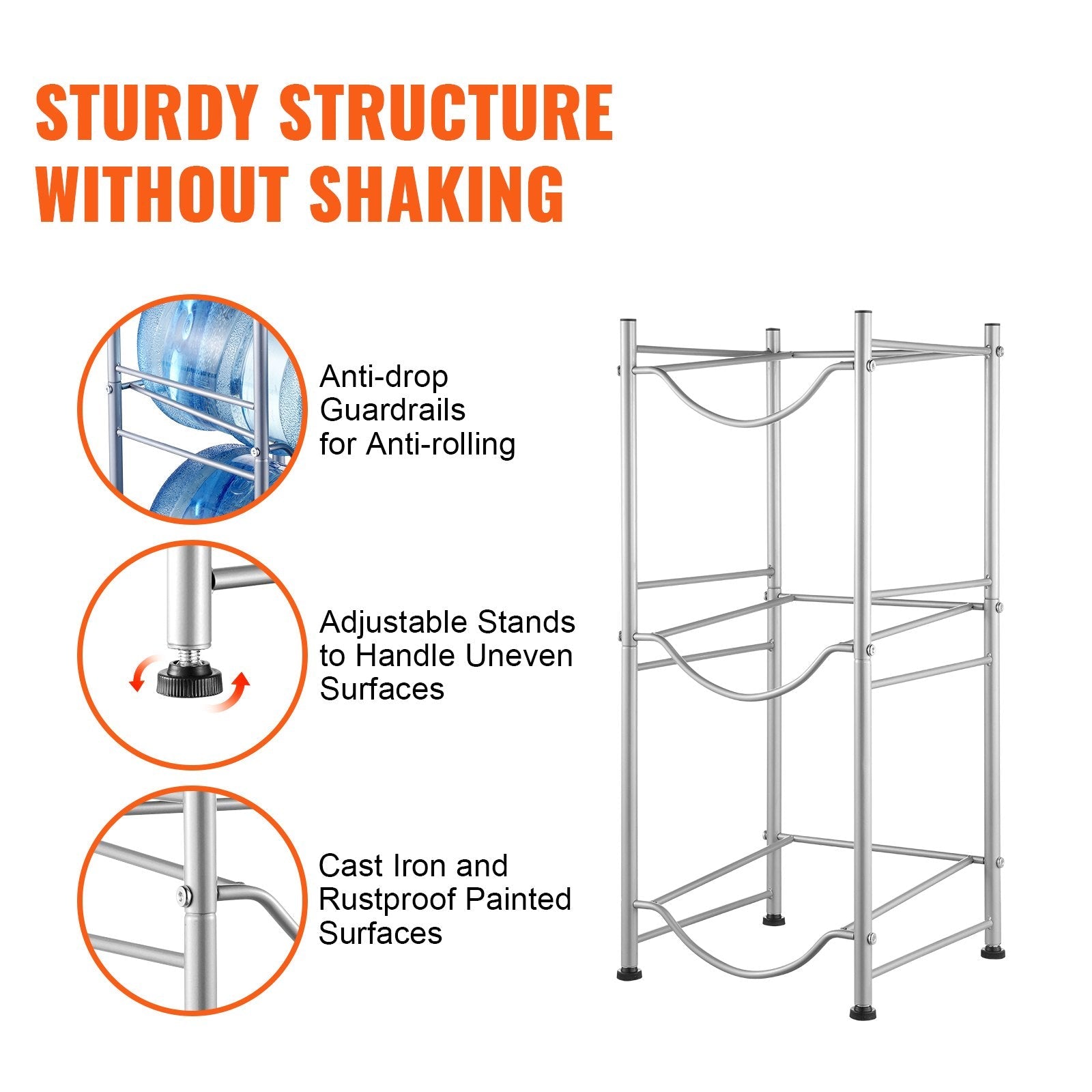 VEVOR 3 Tiers Water Jug Holder Single Row Water Bottle Rack for 3 Bottles Silver 
