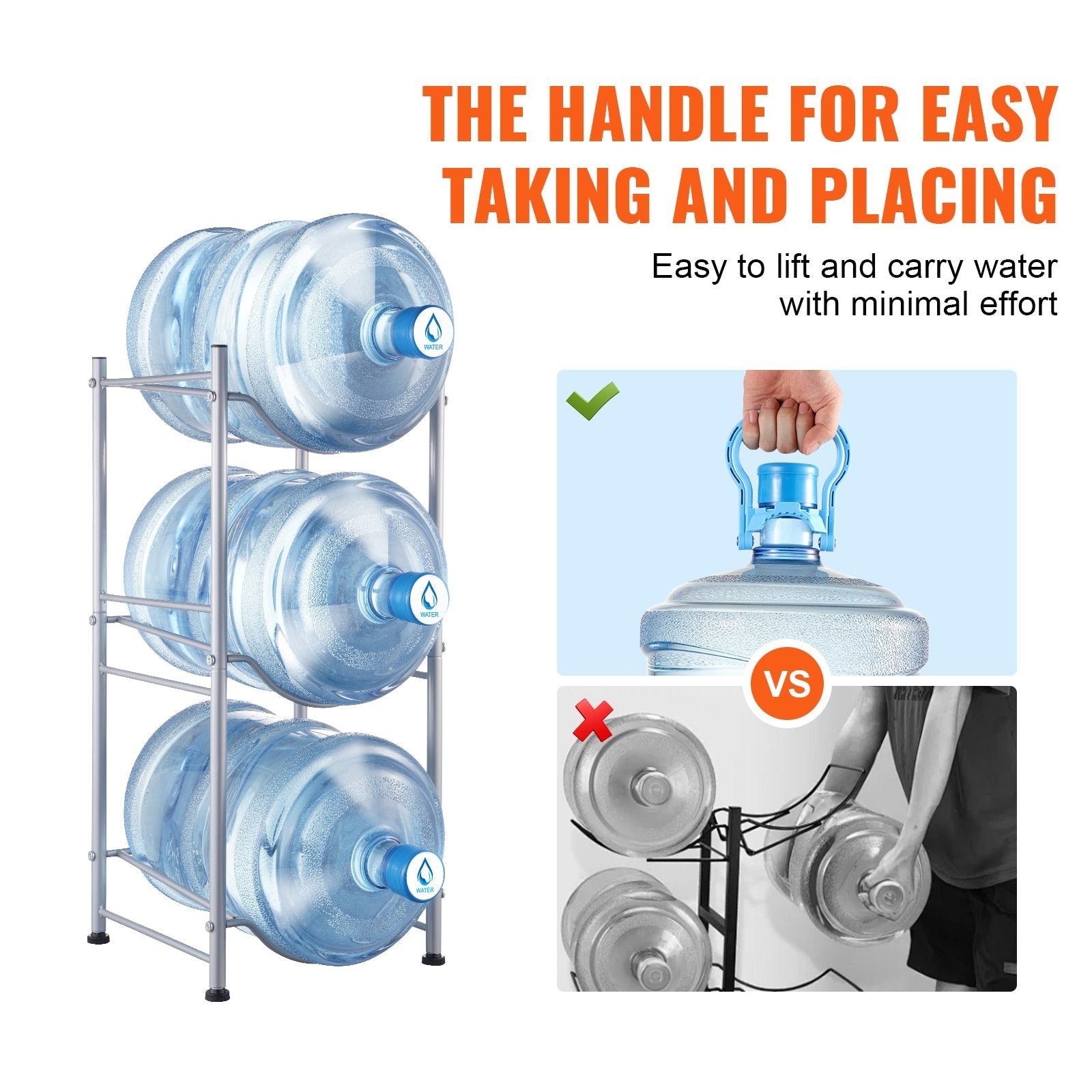VEVOR 3 Tiers Water Jug Holder Single Row Water Bottle Rack for 3 Bottles Silver 