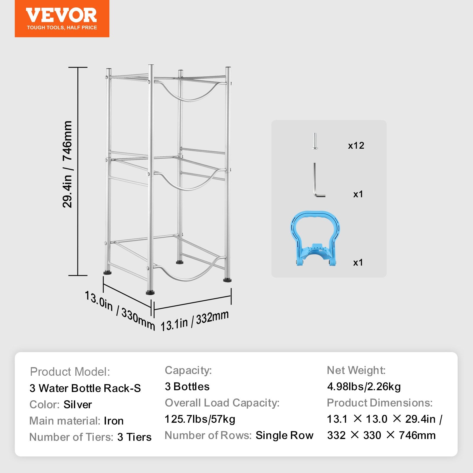 VEVOR 3 Tiers Water Jug Holder Single Row Water Bottle Rack for 3 Bottles Silver 